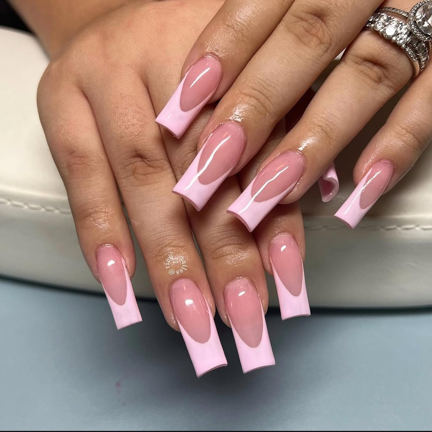 IMSOHOT Pink French Tip Press on Nails Long Square Fake Nails Nude Glossy Gel Glue on Nails Full Cover Acrylic False Nails for Women 24Pcs