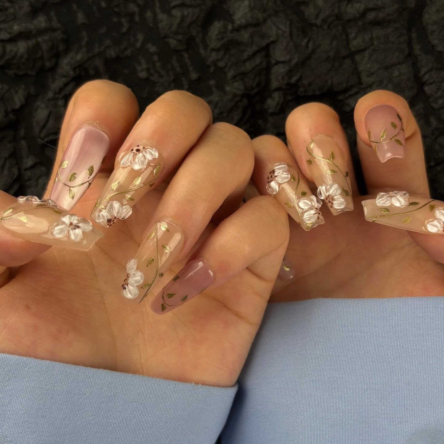 AKA Unicorn Trendy Handmade Press On Nails Medium Coffin Shape,10Pcs Hand Painted Acrylic Fake Nails with 3D Flower Charm Design Clip On Nail for Woman Gift-Design Concept:"Today's Flowers"