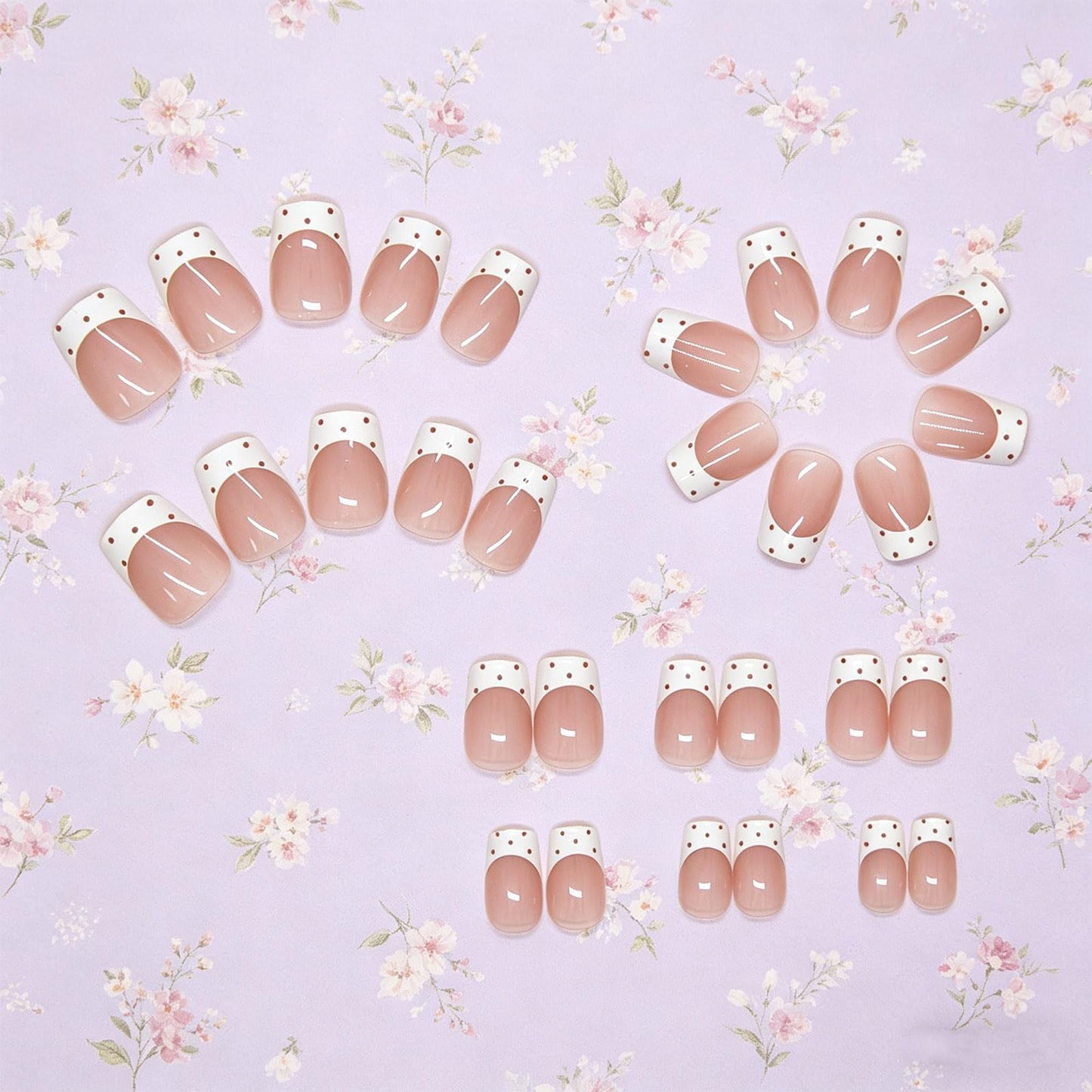 HZJXRT Press on Nails Short Square White French Tips False Nails with Fresh Design, Polka Dots Fake Nail Glossy Brown Stick on Artificial Fingernails Reusable Simple Stick on Nail for Women Daily Wear