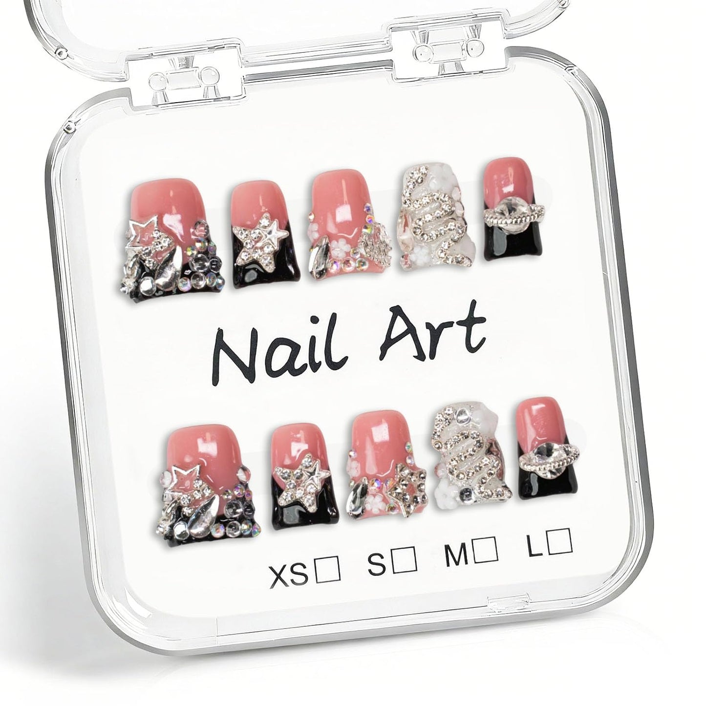 Rhinestone Handmade Press on Nails Duck Fake Nails Black French Tip with 3D Flower Stars Designs Luxury Handmade Rhinestone Charm Sparkly Muti-Layer Gel Acrylic Nails for Women 10Pcs (S）