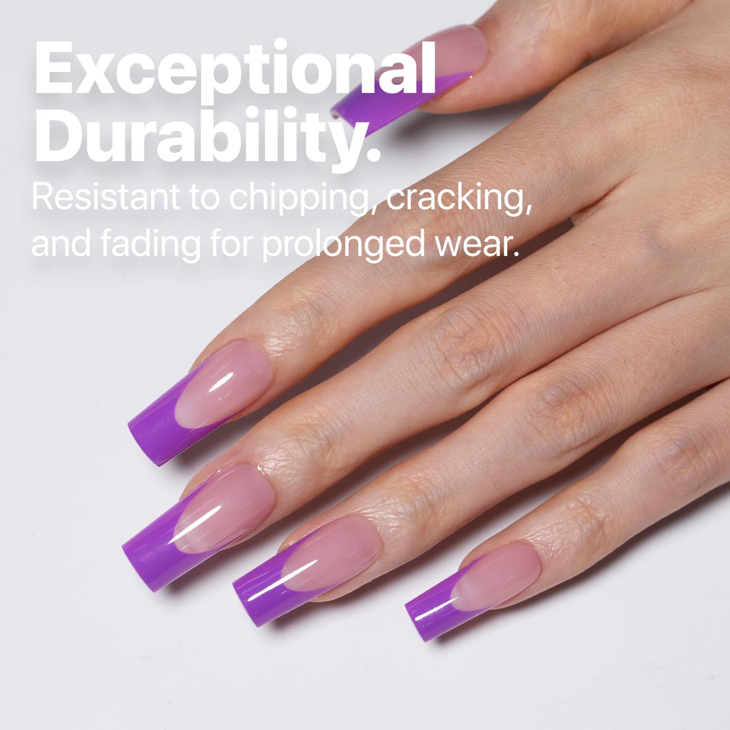 SXC Cosmetics French Tip Press On Nails 150 Pieces in 15 Sizes Ultra Fit with Pre-applied Tip Primer and Base Coat, No Need to File Fake Nails for Nail Art DIY X-Pro Tips (5PURPLE117-M Square)