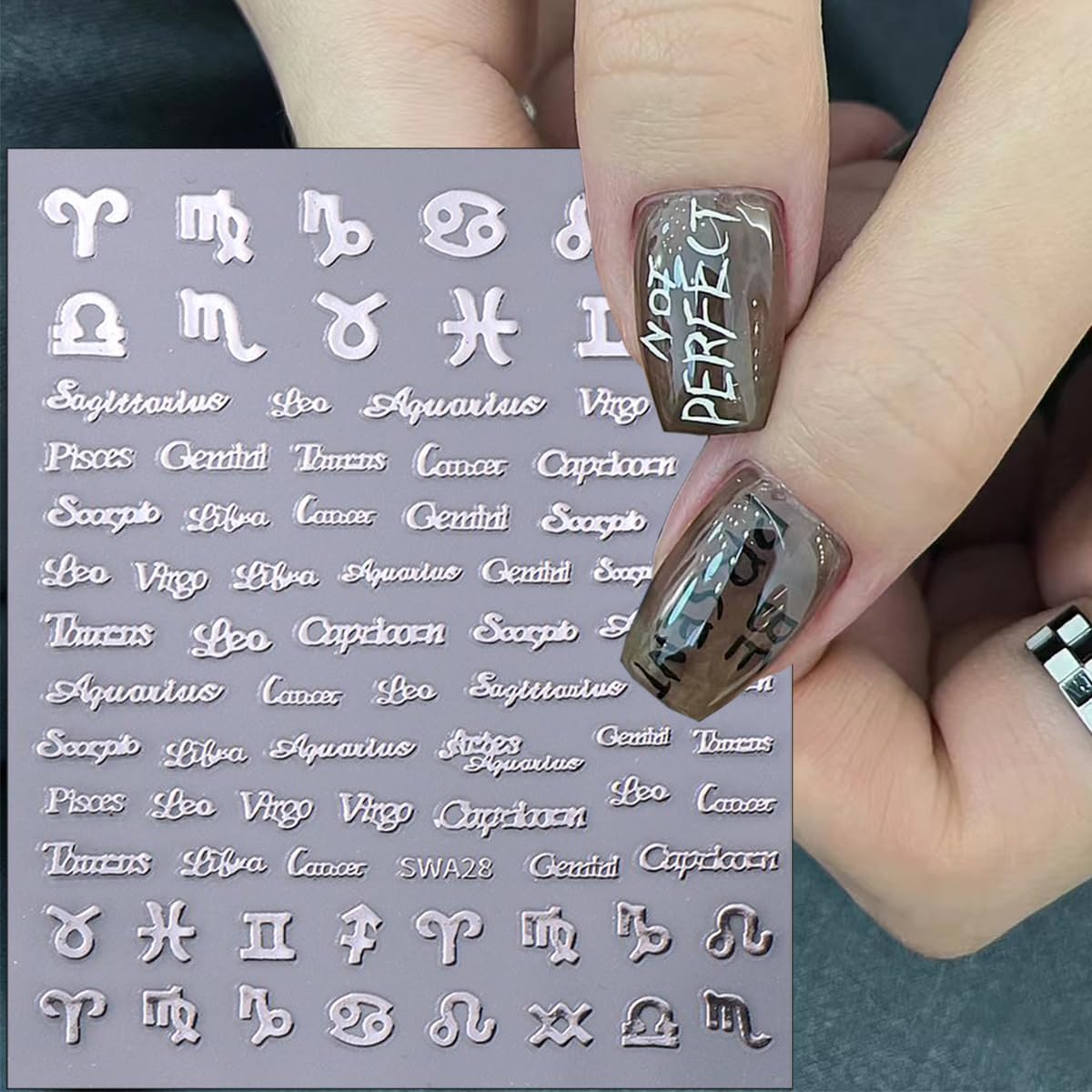 6Pcs Constellation Nail Art Stickers 3D English Letters Nail Stickers for Nail Art Decoration Self-Adhesive 12 Constellations English Nail Design Supplies Gold Silver Pink French Nail Decals for Women