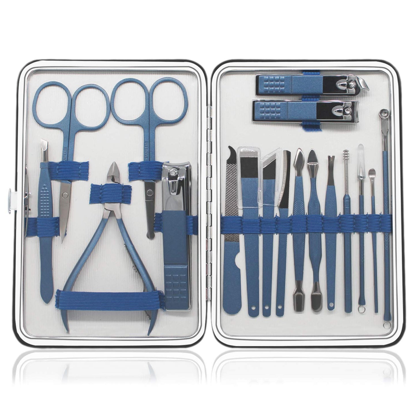 18 Pieces of Stainless Steel Nail Trimming and Beauty Kits - Nail Clippers, Nail Files, Tweezers, Nose Scissors, Eyebrow shavers, Ear Spoons, Blue Leather suitcases.