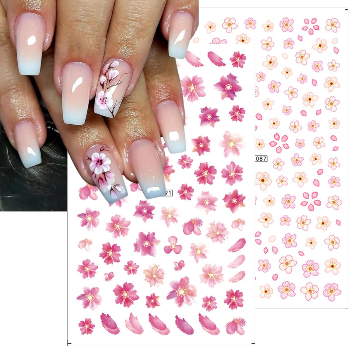 8Pcs Cherry Blossoms Nail Stickers 3D Self Adhesive Pink Flower Nail Art Stickers Spring Summer Peach Blossom Petals Leaves Nail Art Design Nail Decals Floral Nail Supplies for Acrylic Nail Decoration