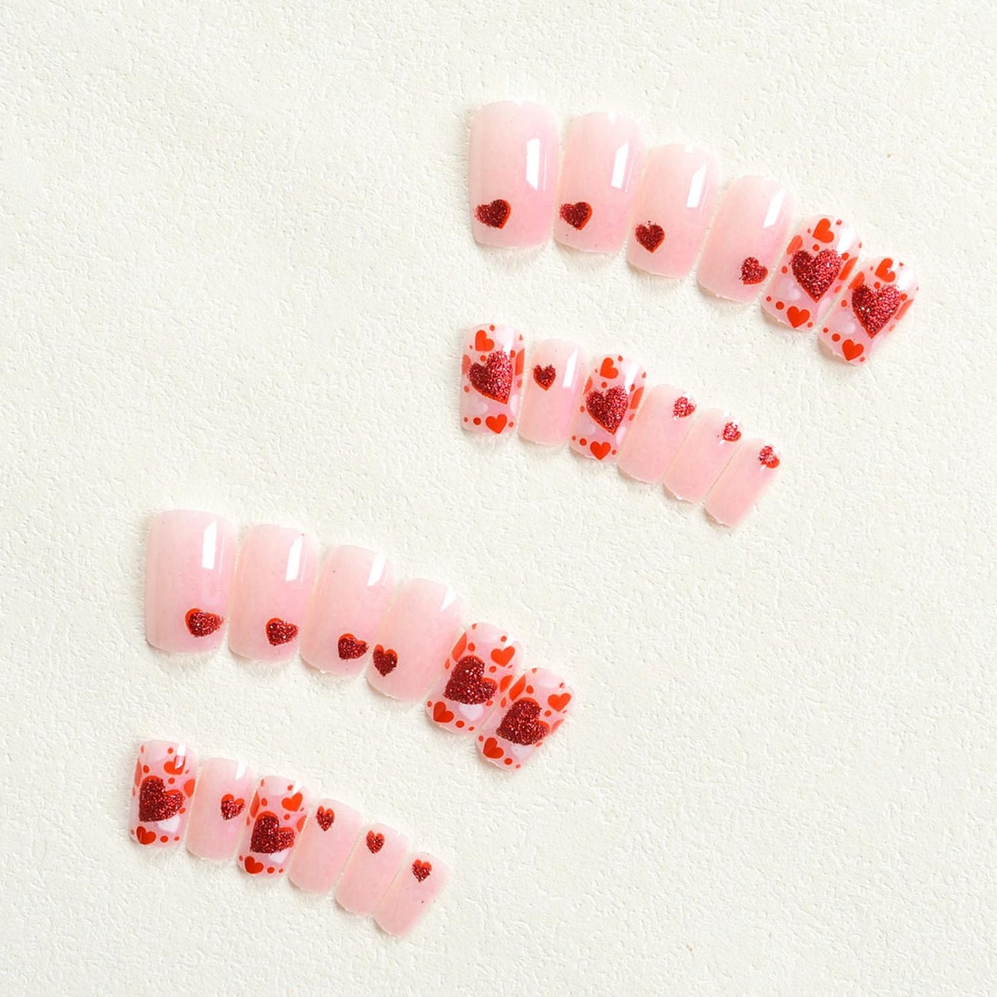 Valentine's Day Press on Nail Medium Length Square Fake Nails Nude Pink Press ones with Red Hearts designs Stick on Nail Glitter Acrylic Press ones Full Cover Reusable Glue on Nails for Women 24pcs