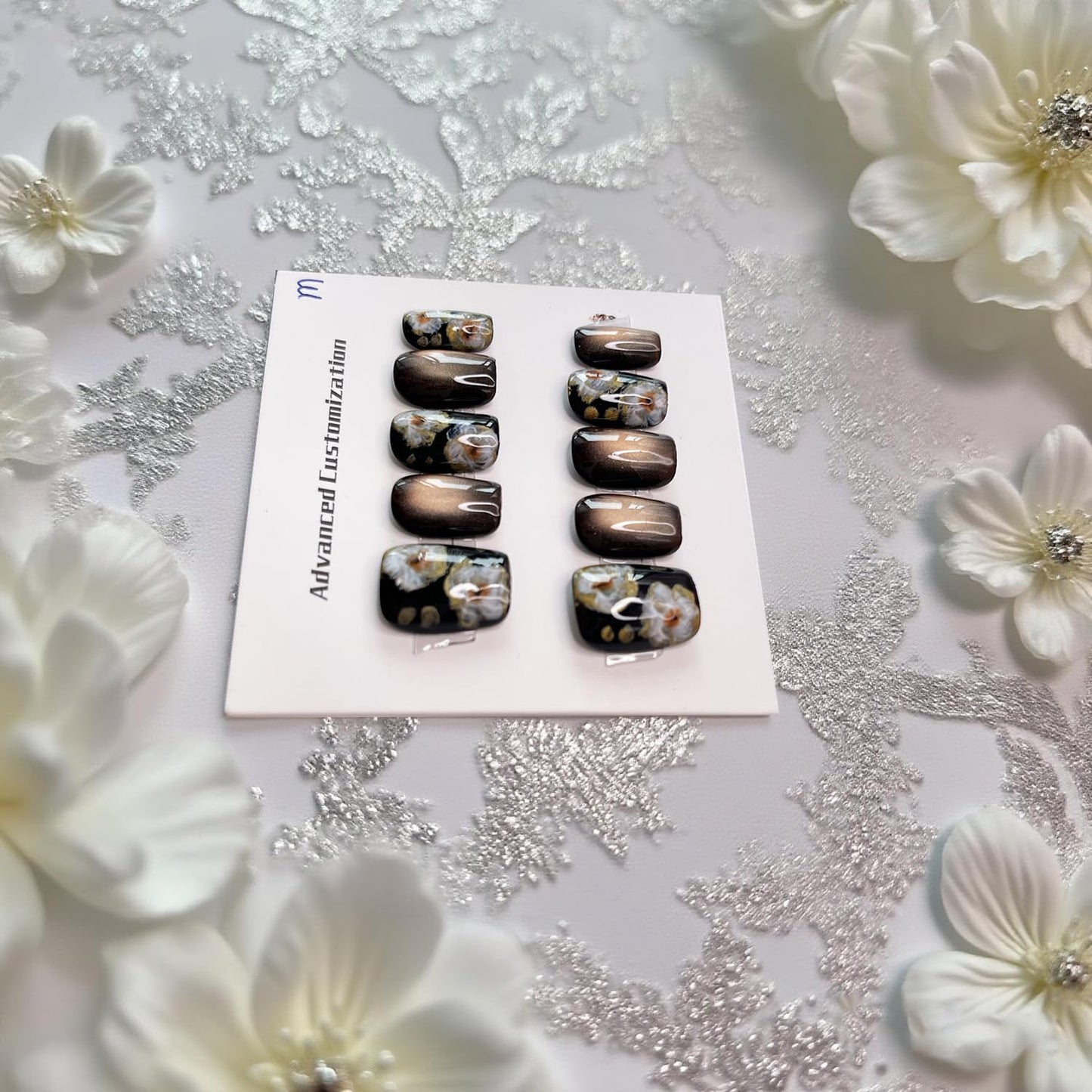 Handmade Press on Nails Short Square Fake Nails Press Ons Gold Brown Glitter Luxury Flower Full Cover Stick on Nails Glue on Nails for Women Girls Manicure (Floral Glitter M)