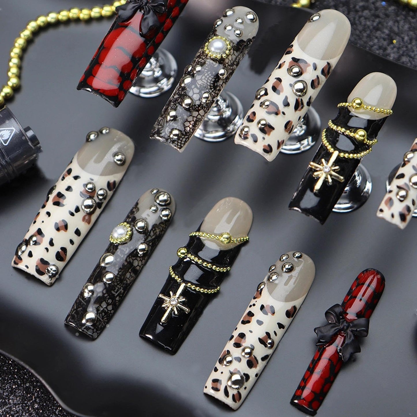 Handmade 3D Punk Retro Leopard Rivet Stiletto Press On Nails, Sweet Cool Rhinestone Artisan Nails Set, Reusable Glossy Press-ons with Tool Kit(S)