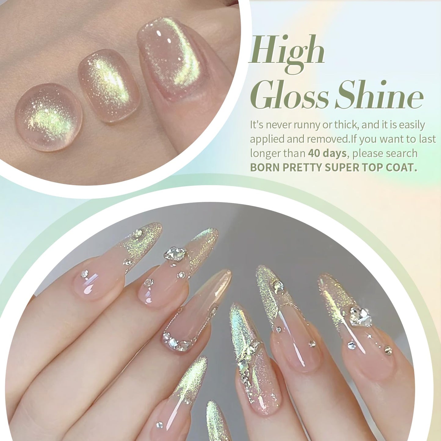 Born Pretty Cat Magnetic Eye Gel Nail Polish, Shimmer Glitter Holographic Auroas Gels Spring Summer Pink Green Blue Translucent, Gel Polish Set Manicure Salon Nails Art DIY at Home