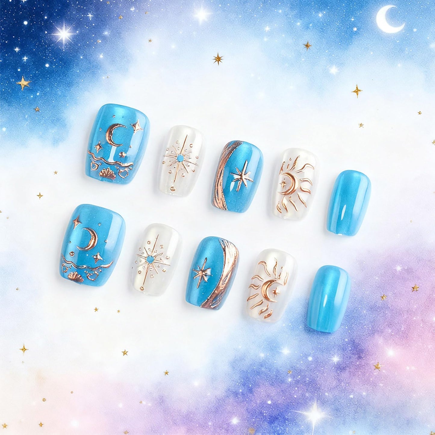 3D Moon Star Press on Nails with Celestial Design Glossy Gold Fake Nail Sparkly Blue Short Square False Nails Starry Sky Glue on Artificial Fingernails Summer Stick on Nail for Women Daily Wear