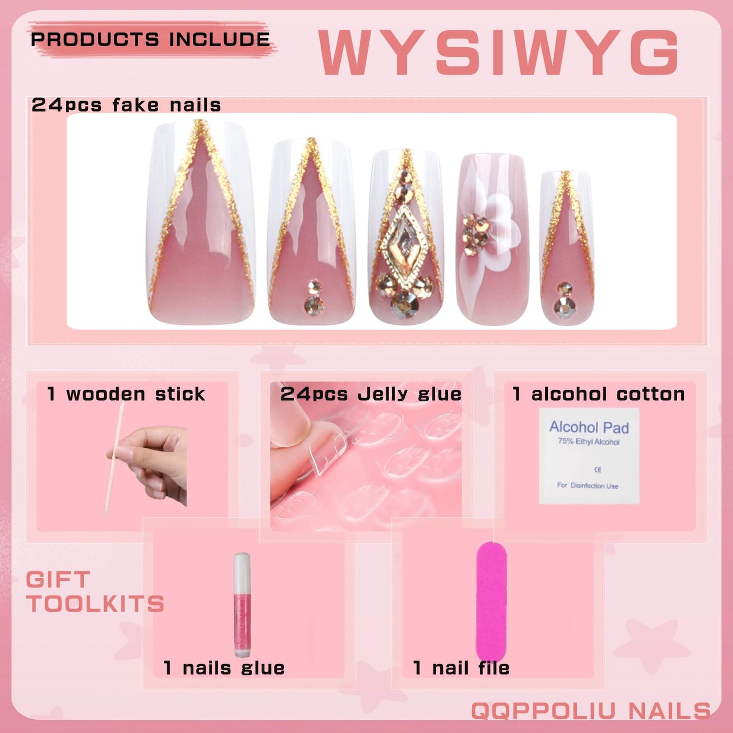 QQPPOLIU Nail Press Ons - French, Nude, Flower & Rhinestone Designs - Long, Medium, Coffin, Square, 3D, Glitter, Fake Nails - 24pcs