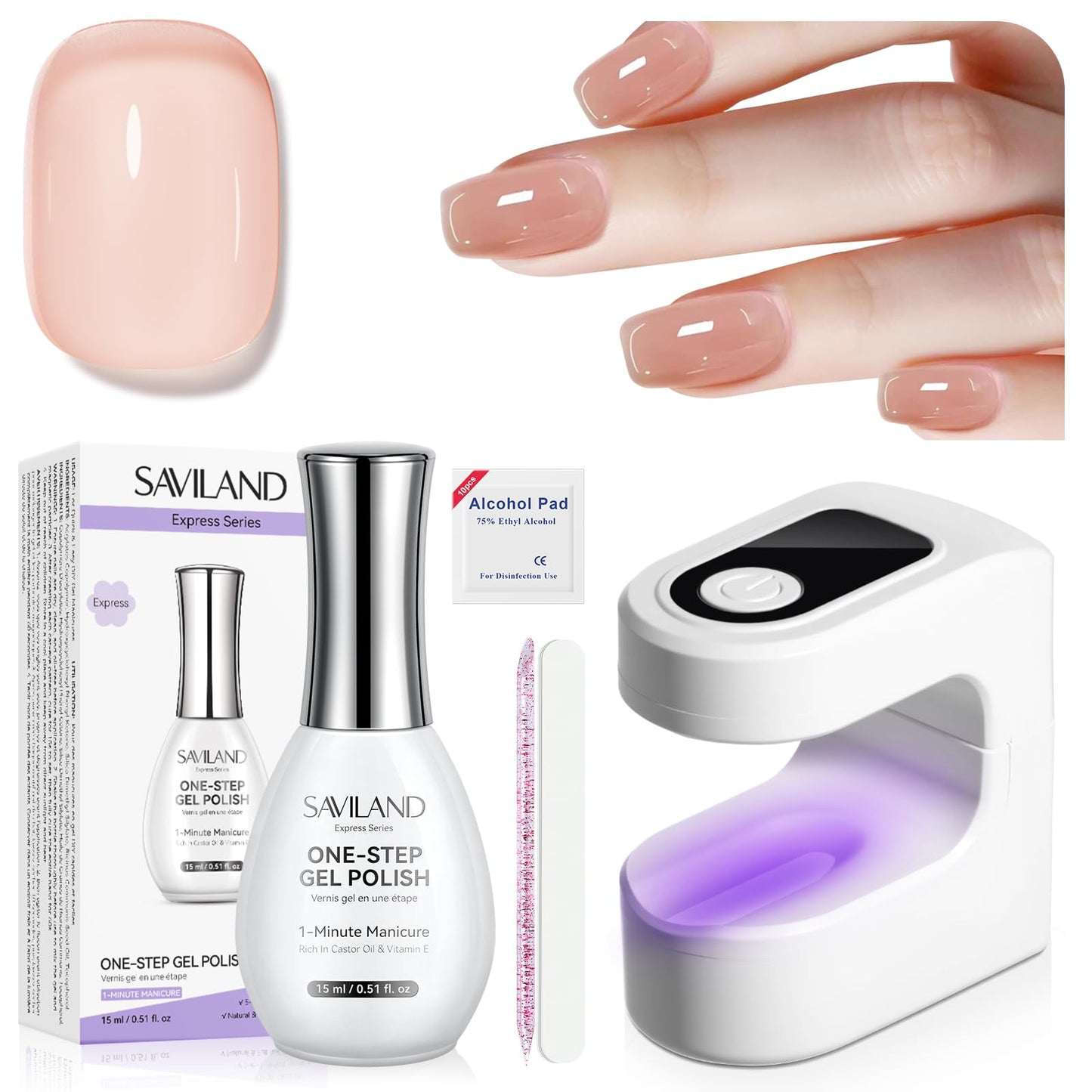 SAVILAND 3-in-1 Cat Eye Magnetic for Nail & One-Step Gel Nail Polish Kit: Sheer Jelly Nude 5-In-1 Gel Polish with U V Light