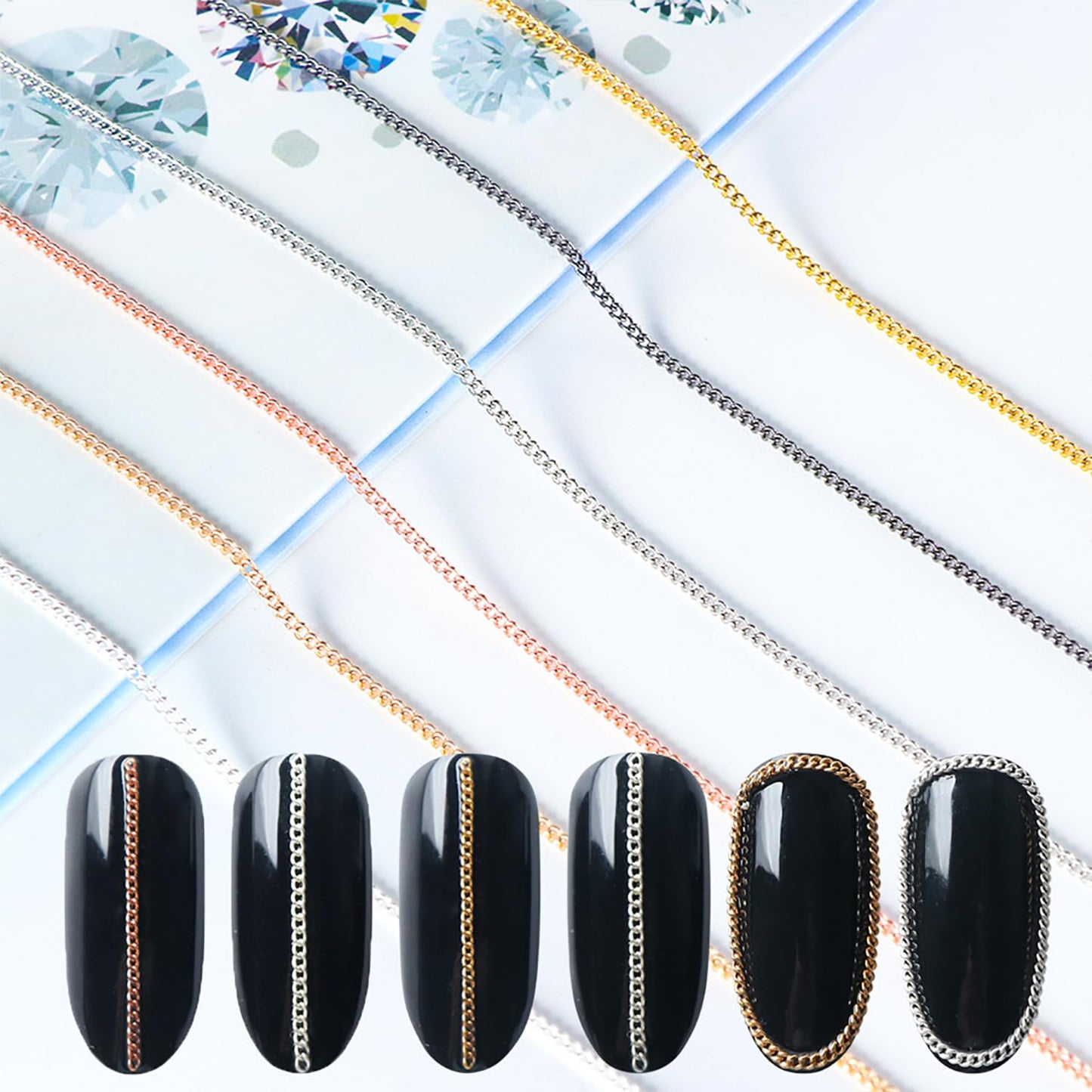 JERCLITY 4 Packs of 24 Strips Nail Chains for Nail Art Gold Silver Alloy Metal Nail Art Chains Gold Nail Charms Punk Nail Studs Jewelry Accessories for Women Nail Art