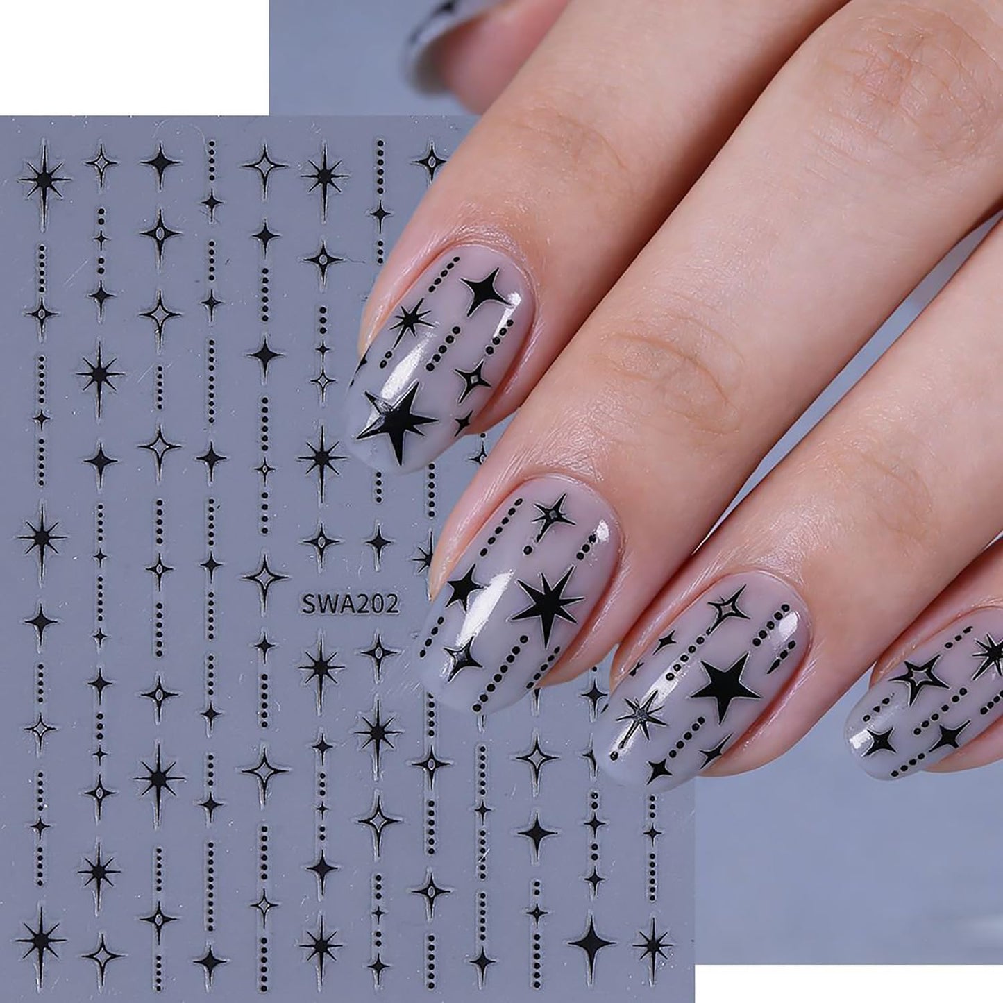 CJDLTS 6 Sheets Stars Nail Art Stickers 3D Self -Adhesive Gold Silver White Black Laser Stars Nail Decals Holographic Glitter Starlight Nails Stickers for Women Acrylic Nails Decoration Supplies