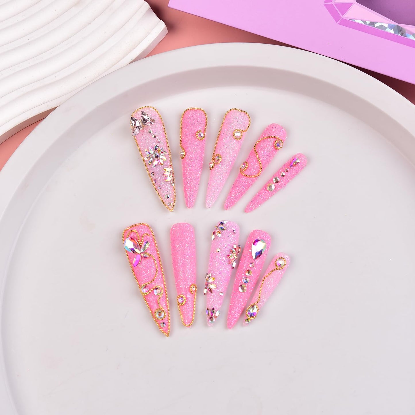Tmani 10pc/set Extra Long Handmade Press On Nail Hot Girl's Long Ballet Nails Pointed Nail Full of Diamond Glitter Decoration Fake Nails Suitable For Girls Festival Parties and Birthday Gift（246,S)