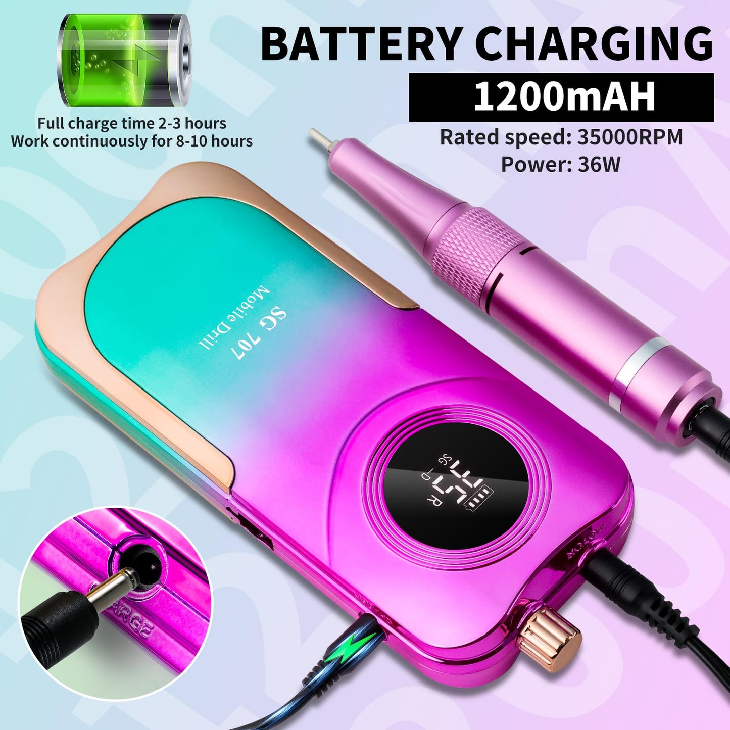 Moskany Professional Electric Nail Drill Kit 35000RPM with 14PCS Bits Purple Green Portable Rechargeable Cordless File Machine for Acrylic Gel Powder Nails and Manicure Pedicure Toenail Tool Salon Set