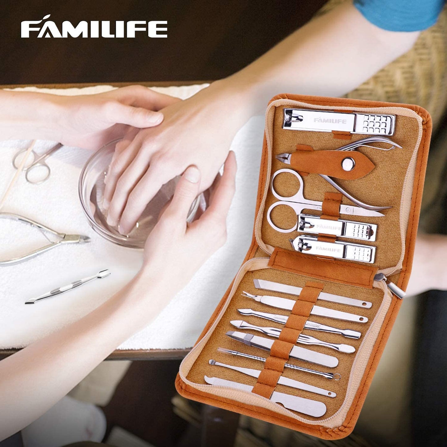 FAMILIFE F03 13pcs Manicure Set and L07 100% Stainless Steel Ingrown Toenail File and Lifter Double Sided with Storage Case (Ingrown Toenail File)