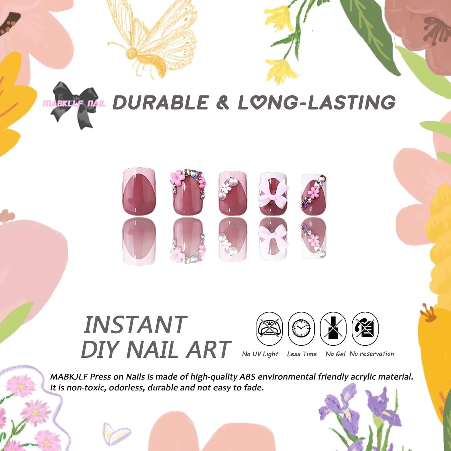 Cute Press on Nails Short Square French Tip Fake Nails Flower Pearls Bow Charms False Nails with Designs MABKJLF Pink & White Glossy Glue on Nails Stick on Nails Acrylic Nails for Women Girls 24Pcs