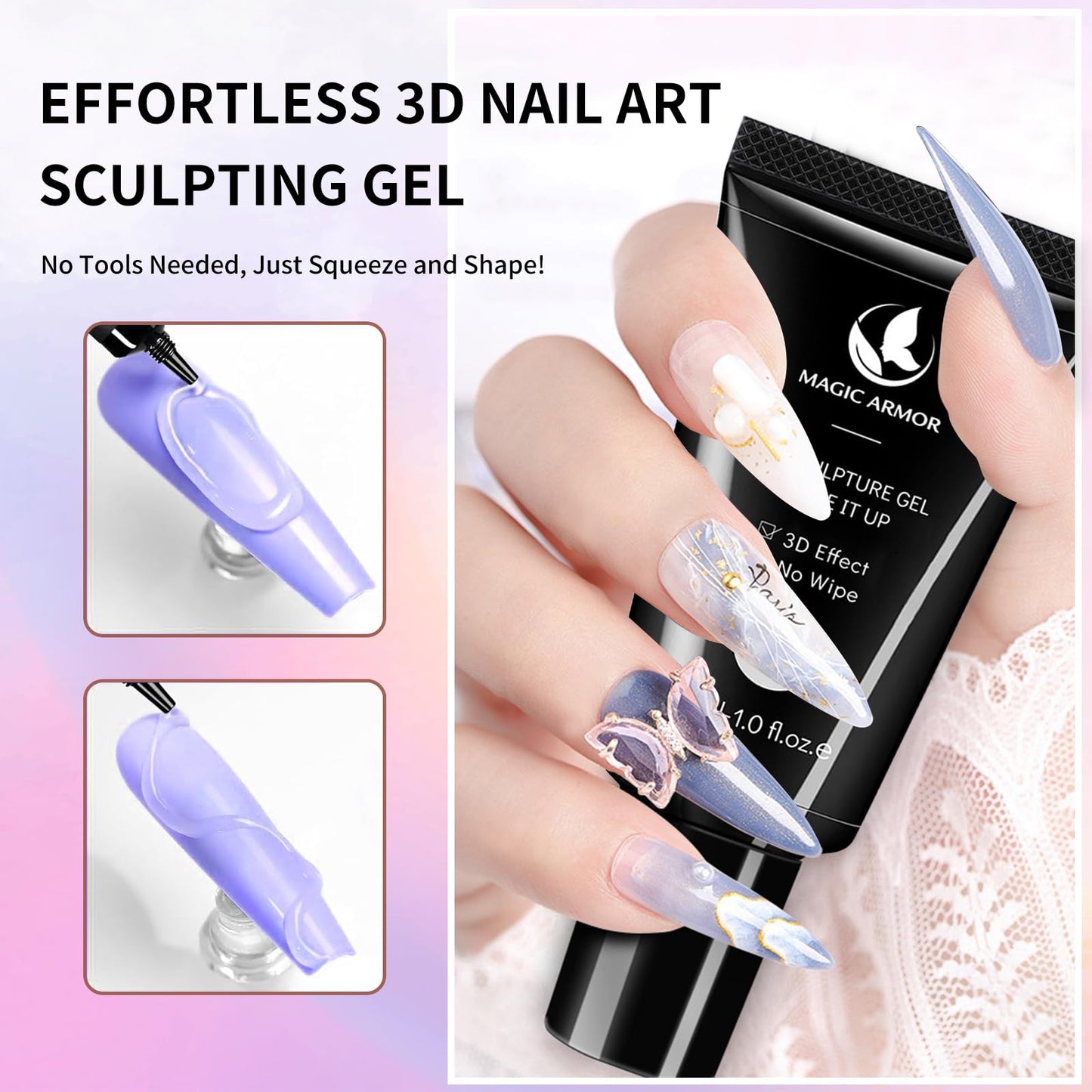 30g 3D Nail Gel and Chrome Powder Kit, Sculpting Gel Nail Art Glue for Art Designs DIY Craving Molding for Decoration Manicure Pedicure Use