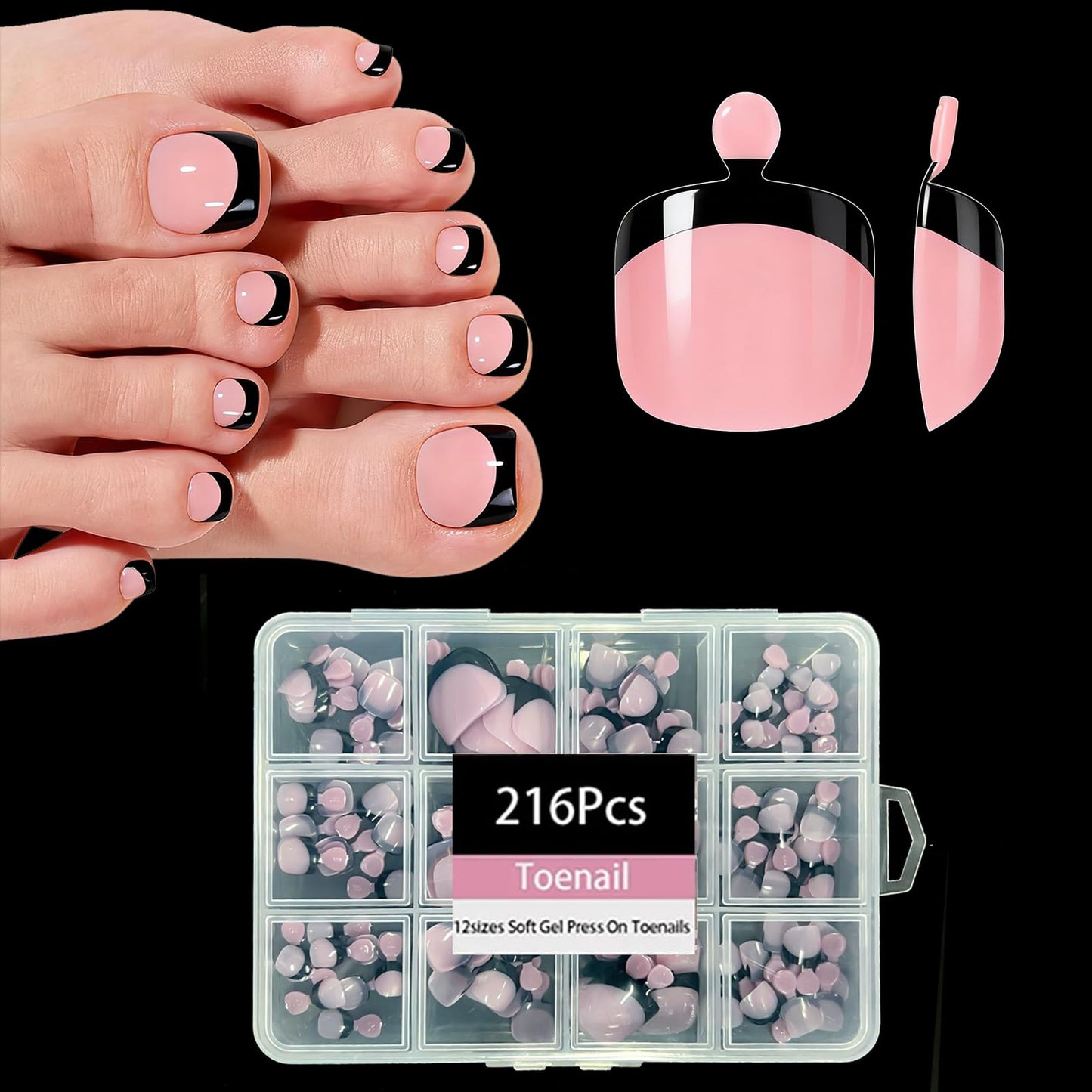 216pcs French Tip Press on Toenails Short Square，OPkssnails Pink Toe Nail Press On, Pre-Designed Soft Gel Toe Nail Tips, Soak off Acrylic Fake Toe Nail