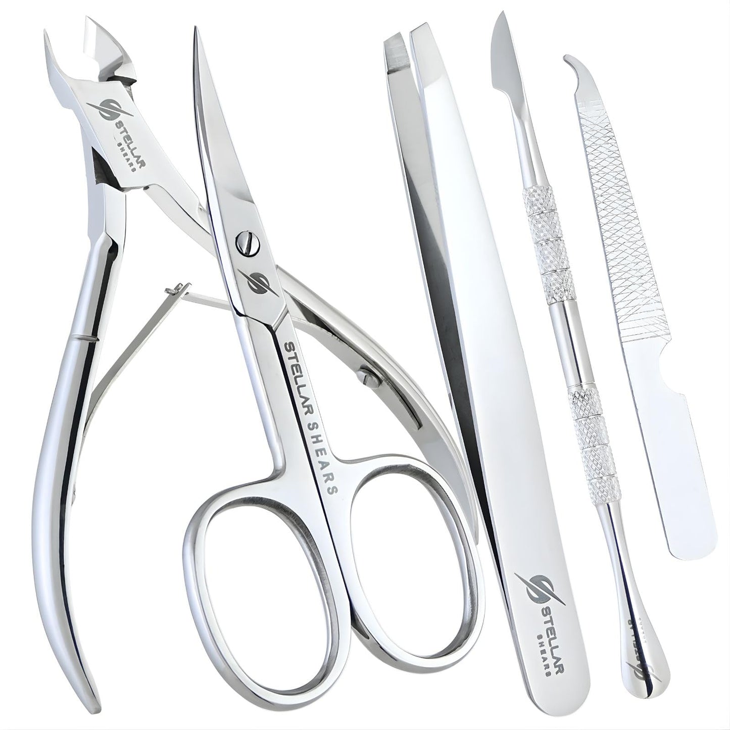 Stellar Shears 5-in-1 Cuticle Trimmer Set – Professional Cuticle Nipper, Scissors, Pusher, Tweezer & Nail File – Stainless Steel Manicure Pedicure Kit for Women, Salon & Home Nail Care (Silver)
