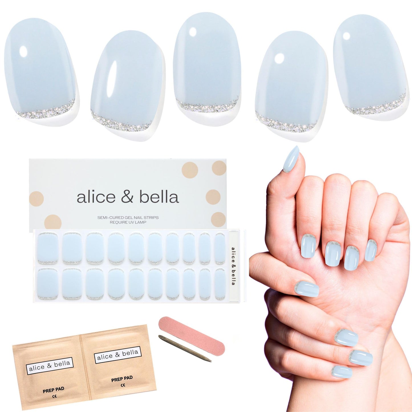 ALICE & BELLA Semi Cured Gel Nail Strips-20 PCS Jelly Blue with Silver Glitter Cuticle Accent Nail Strengthening Gel Stickers, Use with UV Light Lamp, Salon Quality Manicure Wraps (Teeny Blue)