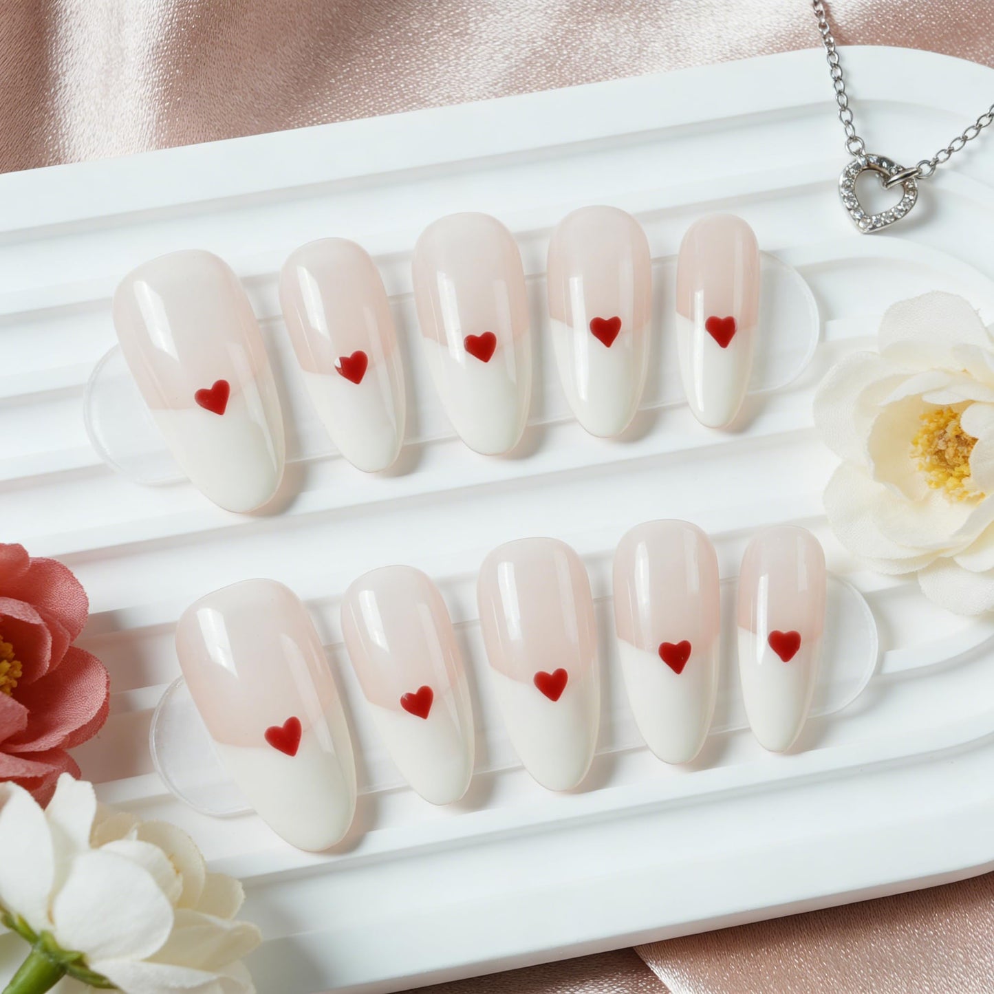 Tesytto Medium Almond Press on Nails - Red Heart Fake Nails Full Cover Glossy, Classic White Edge Design French Tip Handmade False Nails(Creamy Heart French,S)