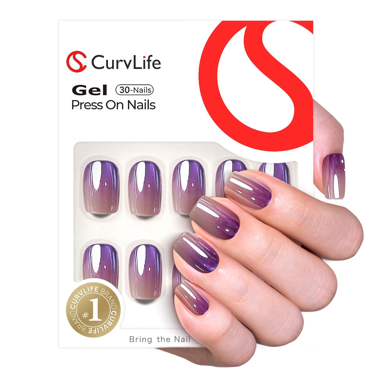 CurvLife Press on Nails Short Square Acrylic Fake Nails with Apricot Design Full Cover False Nails Glossy Nude Glue on Nails Artificial Stick on Nails for Women (Purple Gradient Cat Eye Chrome Nails)