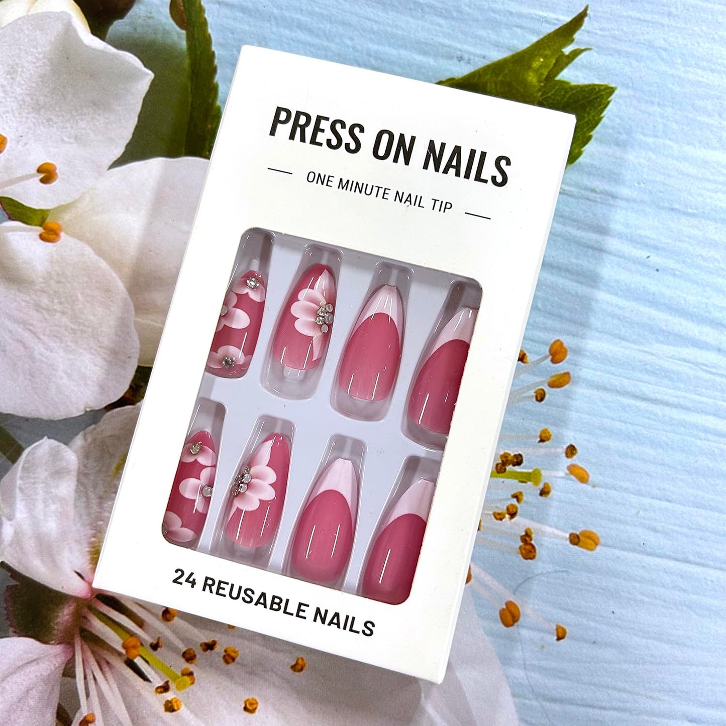 White French Tip Press on Nails - Medium Almond Flower with Rhinestones Design Full Cover Coffin Acrylic Artificial Floral Stick on DIY Glue on Nails for Women - 24 Pcs