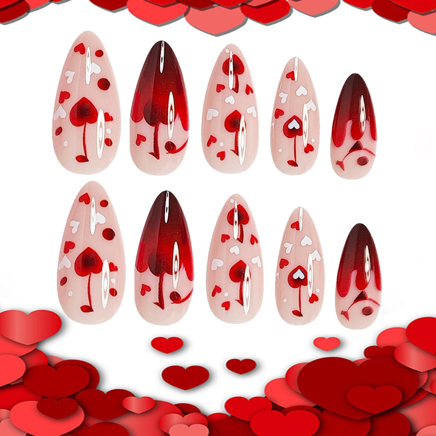 Heart Press on Nails Medium Almond Artificial Acrylic French Red Fingernails Red White Love with Cherry Design Coffin Nails Full Cover Glossy Valentines Glue on Nail Artificial Nail for Women Manicure