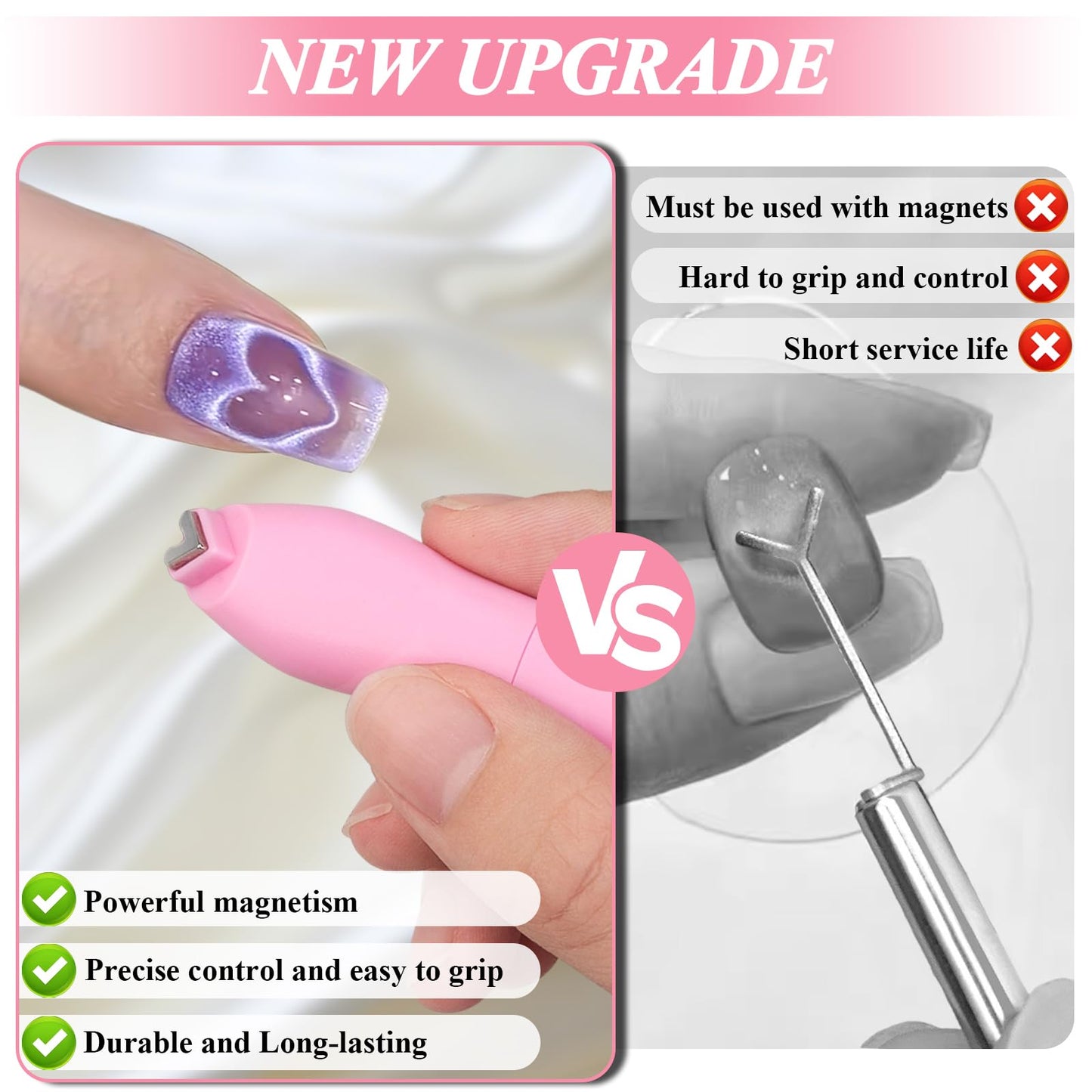 Plman 3 in 1 Heart Magnet for Cat Eye Gel Polish, Double-Head Flower Design Nail Magnetic Pen, Multifunctional Cat Eye Magnet for Nail, Cat Eye Nail Magnet with Nail Magnet Guides (Heart Set-Pink)