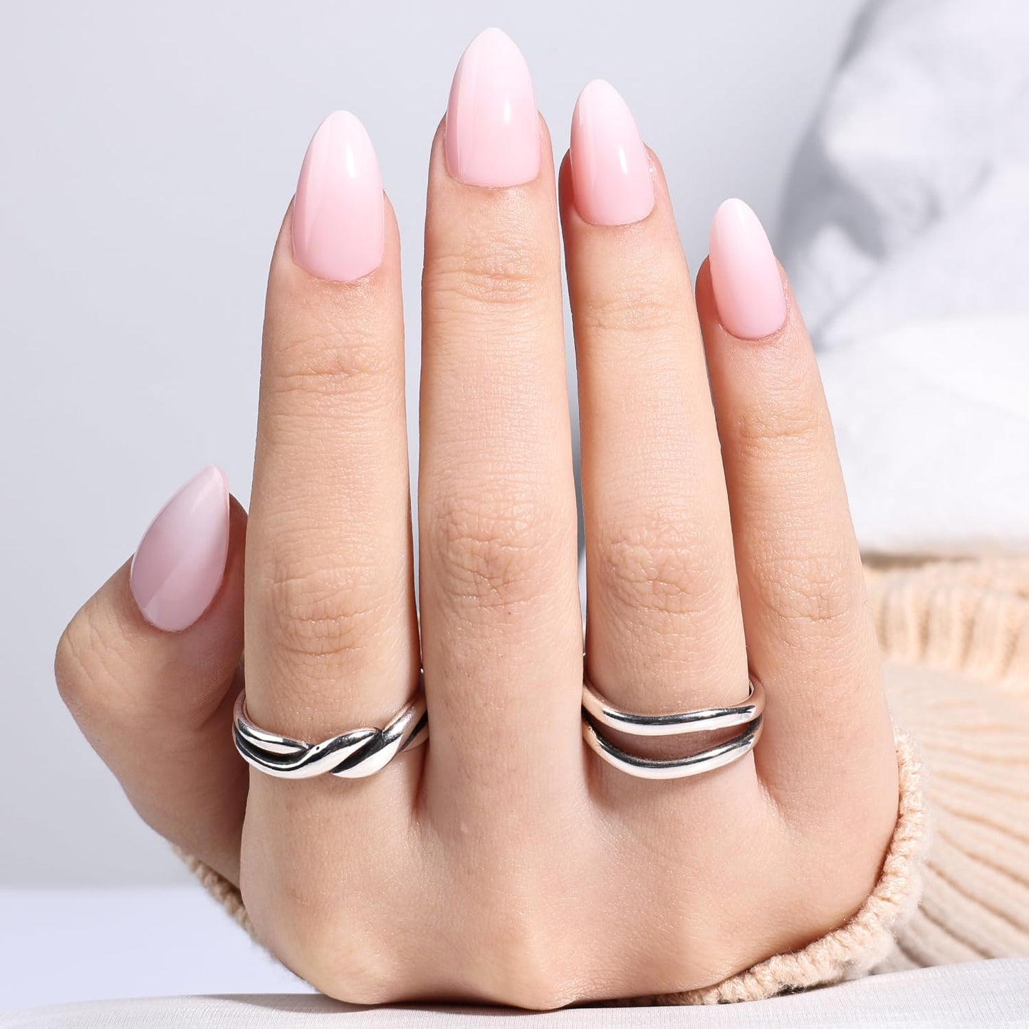 Leefrei Light Pink Press On Nails - Glossy Finish Pink Fade Press On Nails Short Almond Nails Press Ons for Women Fake Nails with Glue, Reusable Glue on Nail in 16 Sizes - 32pcs, Blush Milk