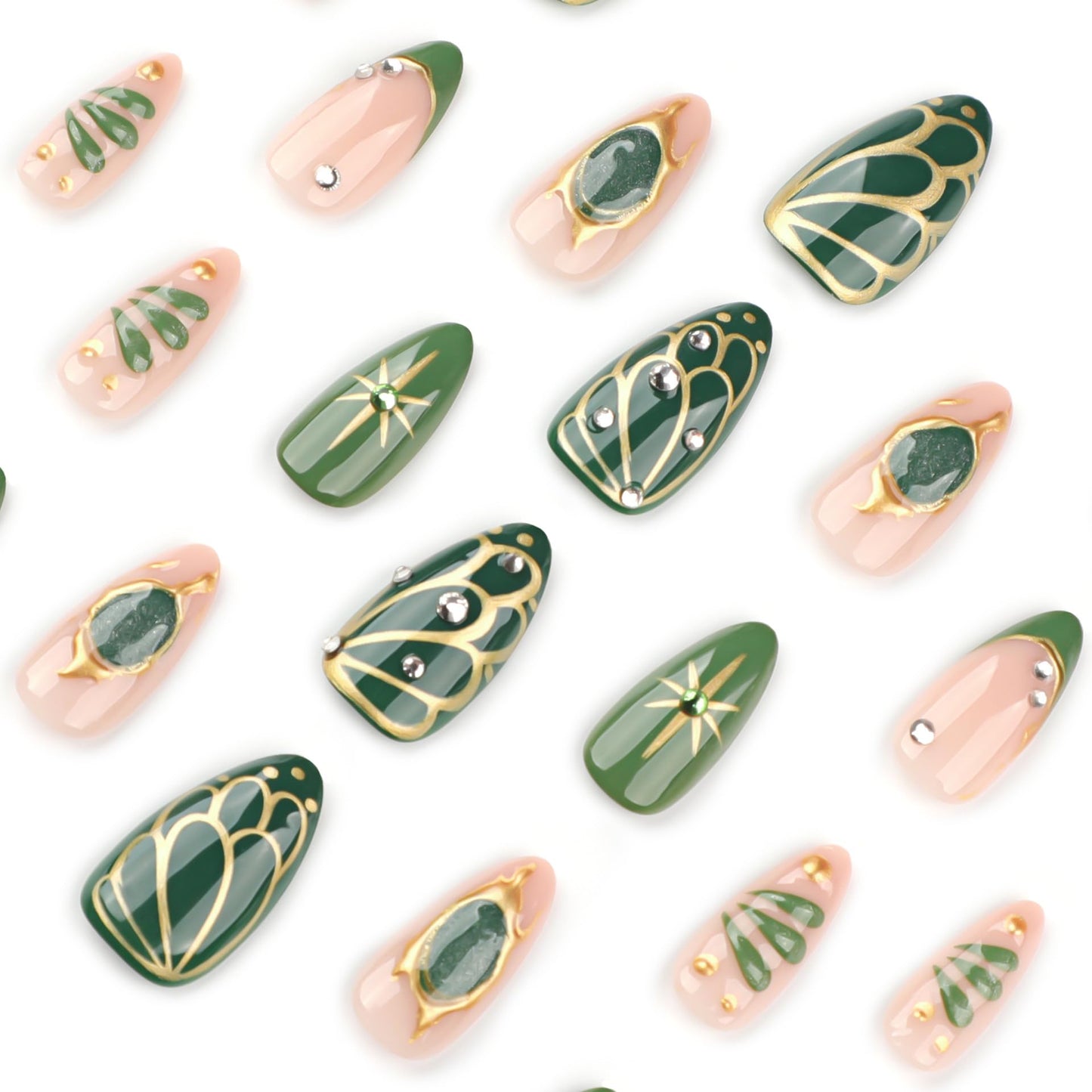 LBPEPAMZ 24Pcs Green Press on Nails Medium Almond Fake Nails with 3D Rhinestones Design Gold Butterfly Star Full Cover False Nails Gilded French Tips Full Cover Glossy Glue on Nails for Women Decor