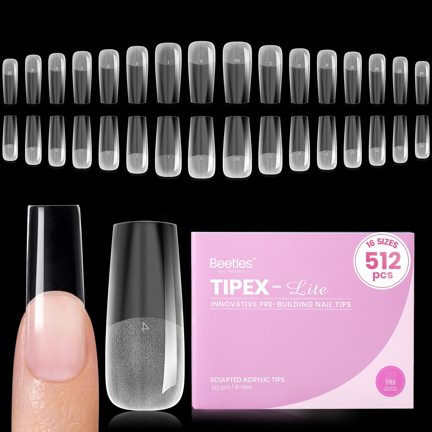Beetles Tipex Lite Apex Nail Tips, Square Long, 512pcs 16 Sizes,Pre-Building Pre-Etched Acrylic Nail Tips for Flat Nails & Natural Nail Beds