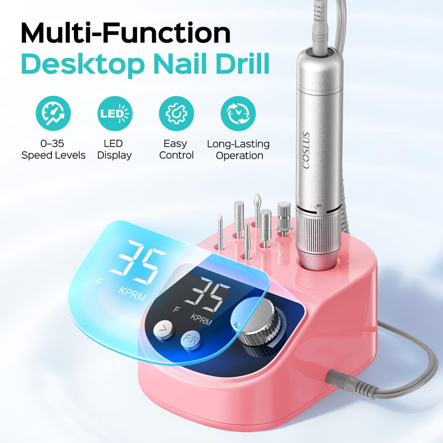 COSLUS E50 Professional Electric Nail Drill: 35000RPM Steady Power with LED Display for Acrylic, Gel & Natural Nails - Easy to Use for Women, Nail Art Practice, Desktop Nail File at Home DIY or Salon