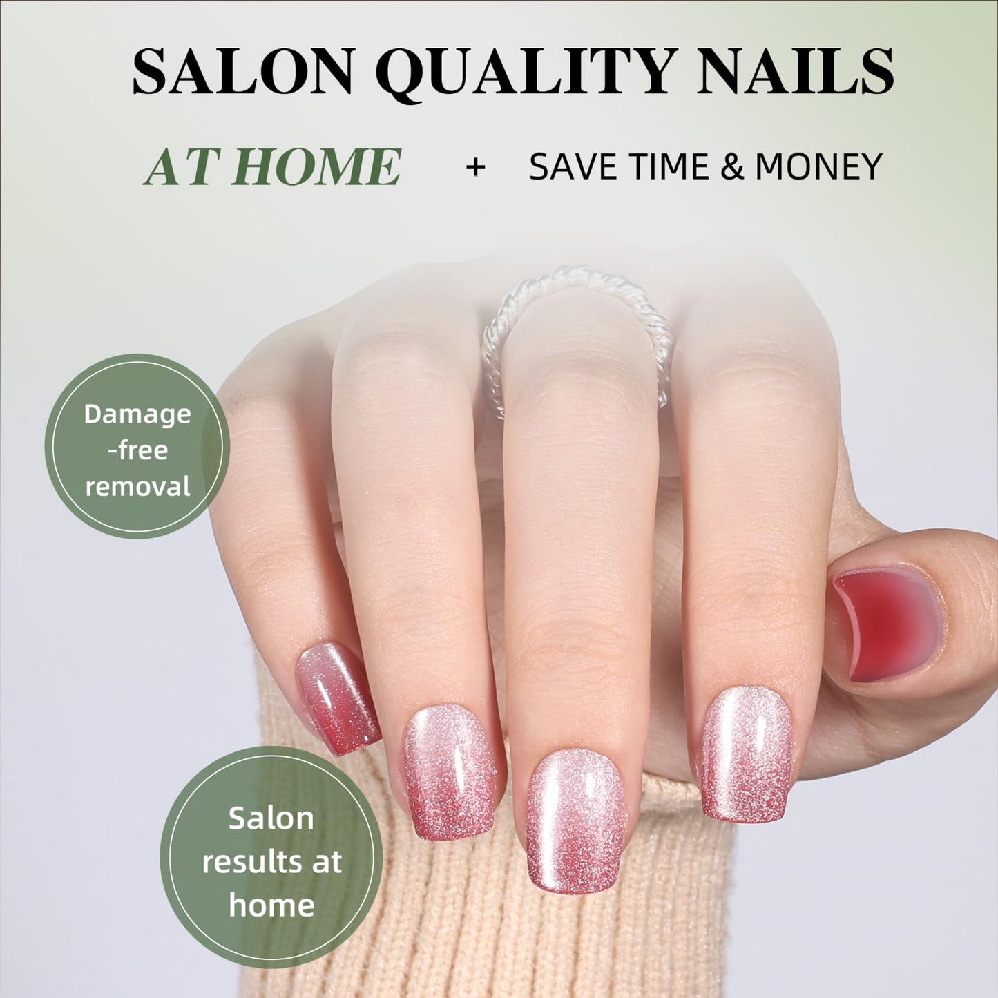 Red Cat Eye Press On Nails Square - Ombre Pink Short Square Fake Nails, Red Cateye Press On Nails Reusable Stick On Nails in 15 Sizes, 30pcs False Nail Kit for Women & Girls (Blush Tides)