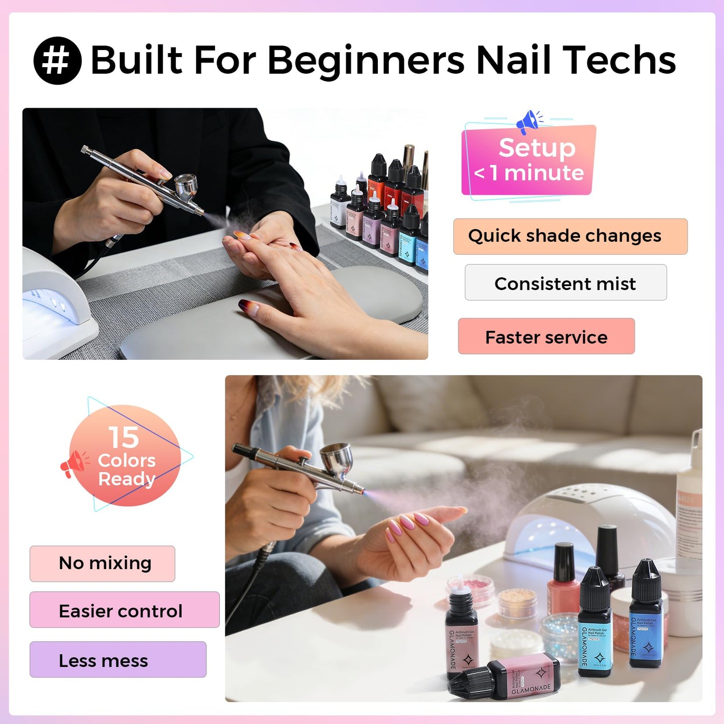 Glamonade Airbrush Gel Nail Polish: 15 Colors Kit No Clogging No Dilution Smooth Spray High Pigment for Ombre French Nail Art Airbrush Nail Paint Beginner Friendly