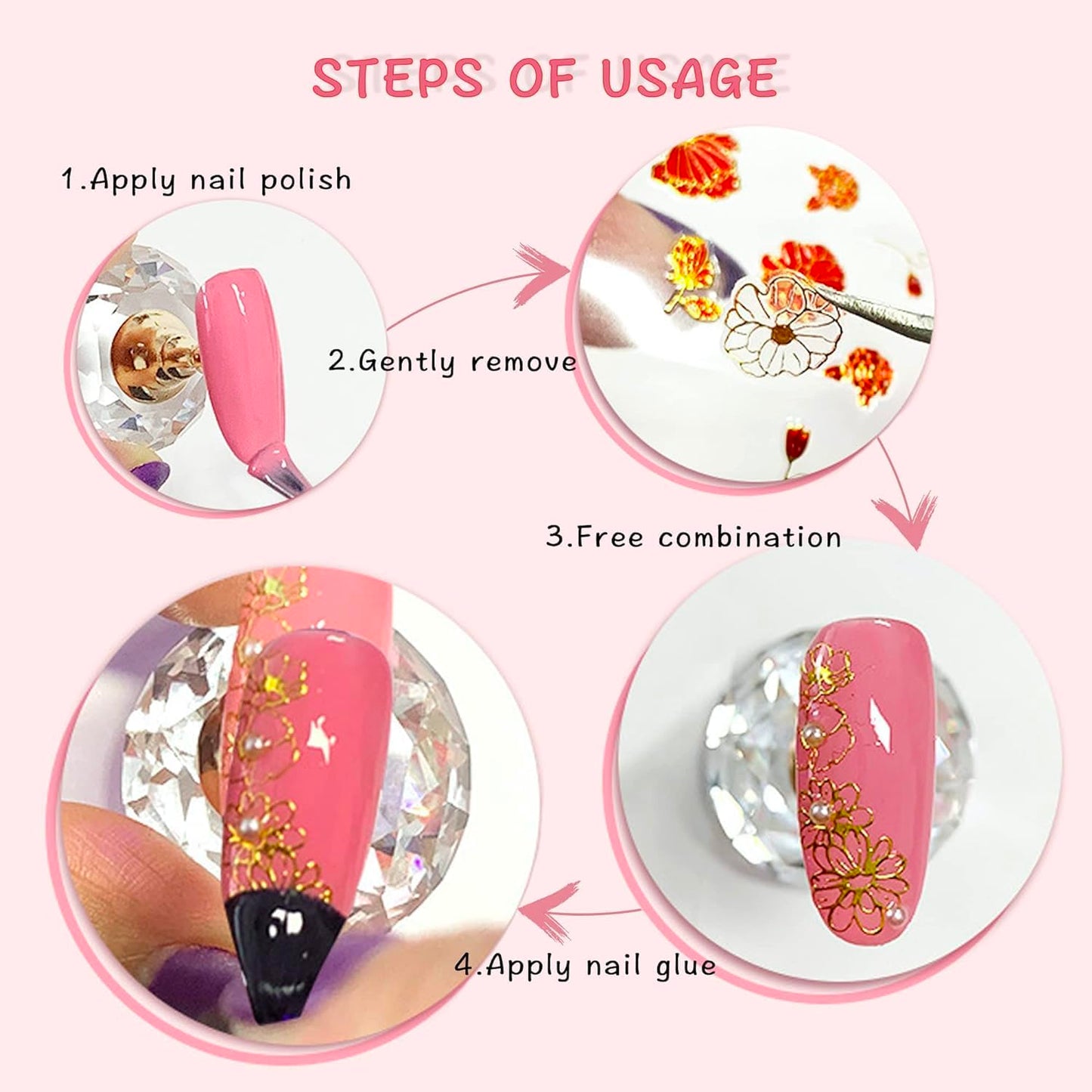 8 Sheets 3D Nail Art Stickers Diamond Heart Round Luxury Self-Adhesive Nail Decals Rhinestones Heart Design Gold Line Glitter Gems Pink White Purple Blue Colorful