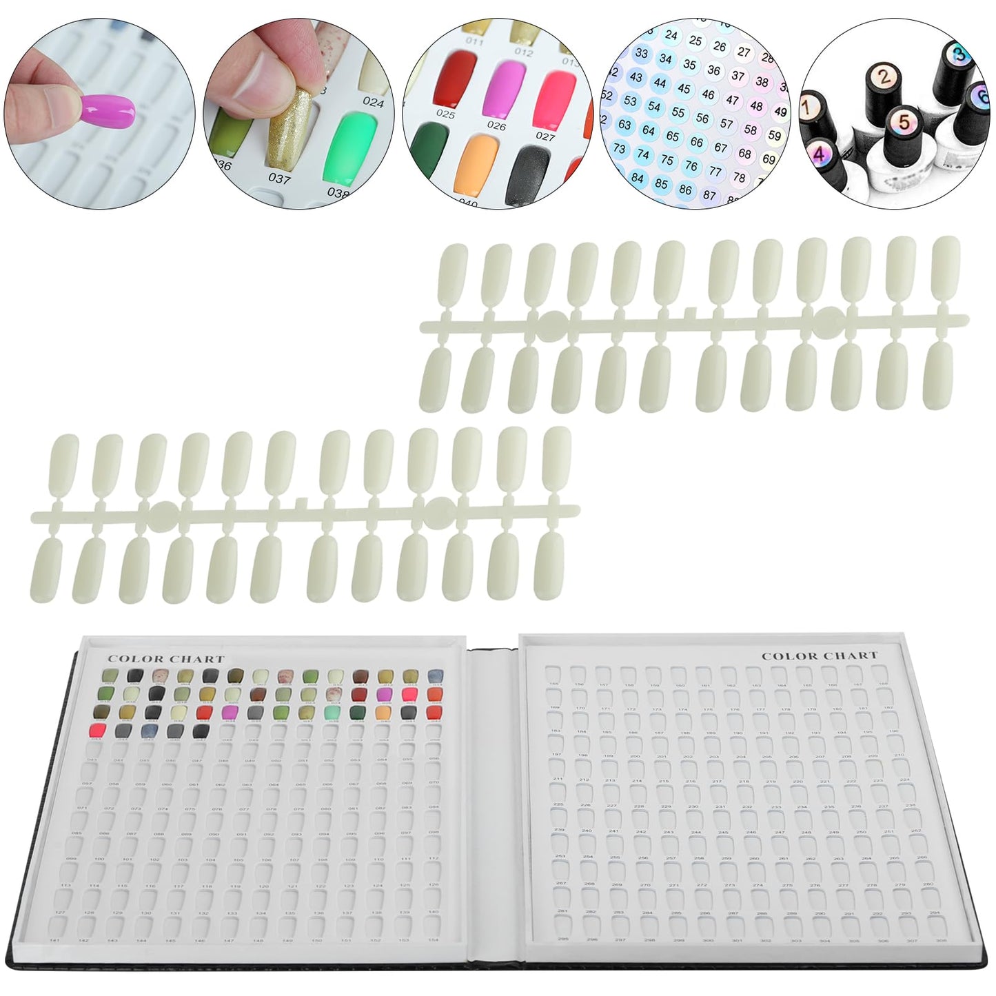 vnjaoi Professional 308 Nail Colors Chart with Number Labels, Black Nail Gel Polish Display Card Book, Nail Art Salon Display Booklet, Nail Color Swatches Nail Practice Card Design Board