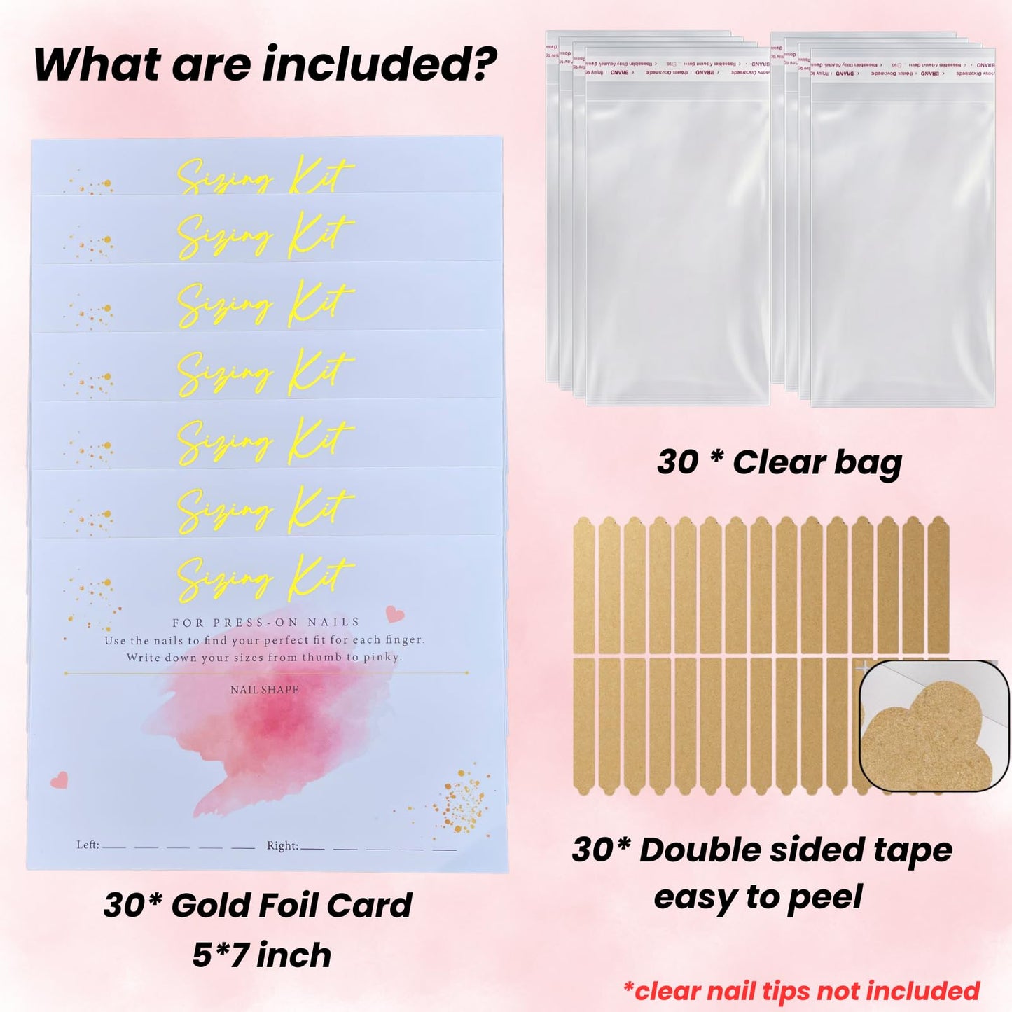 Press On Nails Sizing Kit Cards for Nail Business — 30 Pack Blank Size Chart Postcards, 5x7 Pink & Gold Foil, with Clear Bags, Press On Nail Business Supplies for Nail Tech