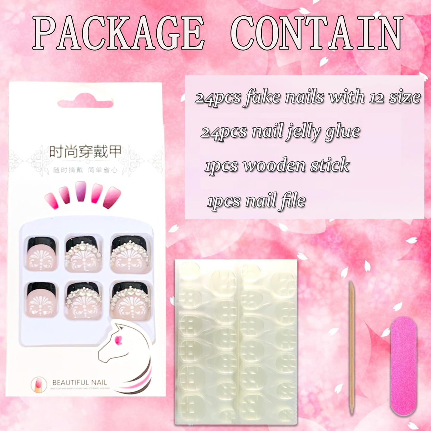 Press on Toenails with Flower Designs, Artificial French Black Fake Nails for Toe, Full Cover Rhinestone Coffin Acrylic False Nails, Glue on Toenails with Charm, Stick on Toe Nails for Women(JZ035)
