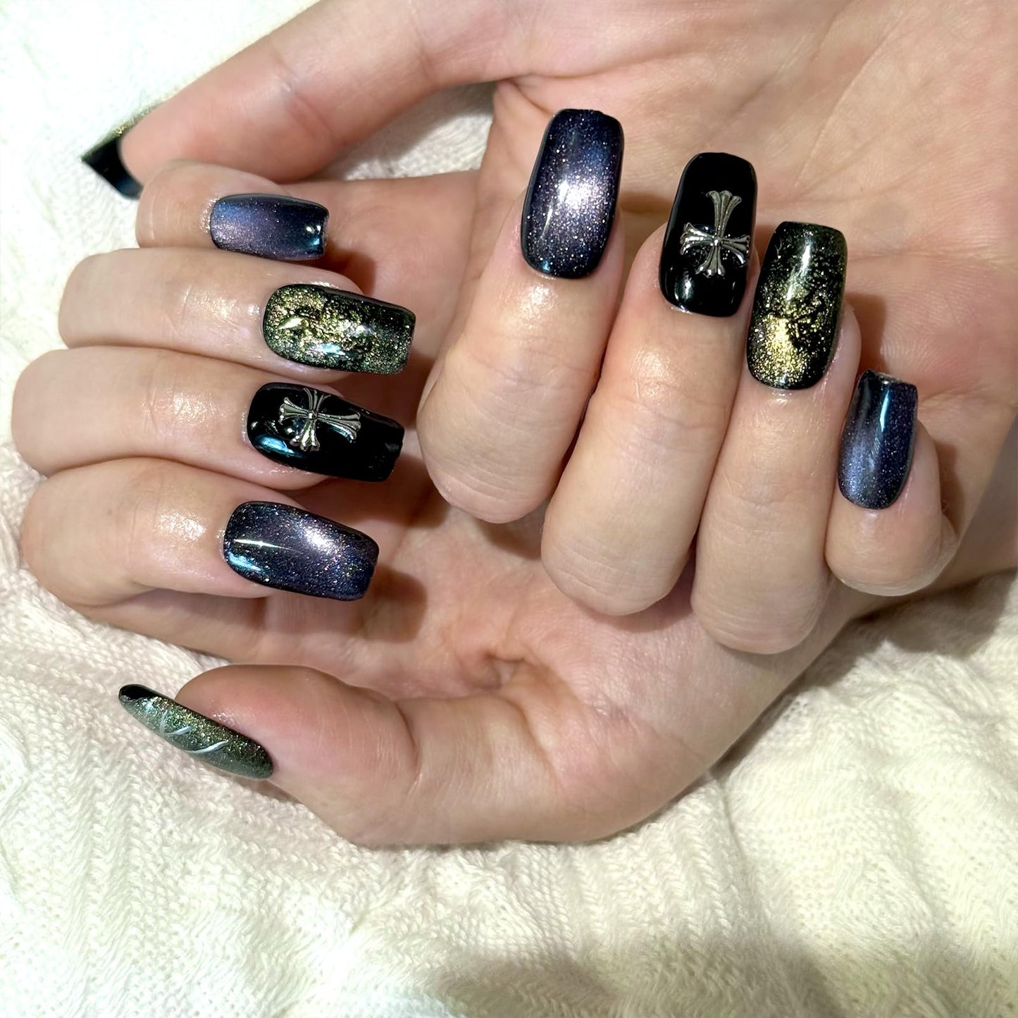 Purple Cat eye Short Square Press on Nails,Blackness Punk Rock Style False Nails with Cross Designs,Gothic Cross Press On Nails - 10Pcs Nail Kit for Women and Girls.