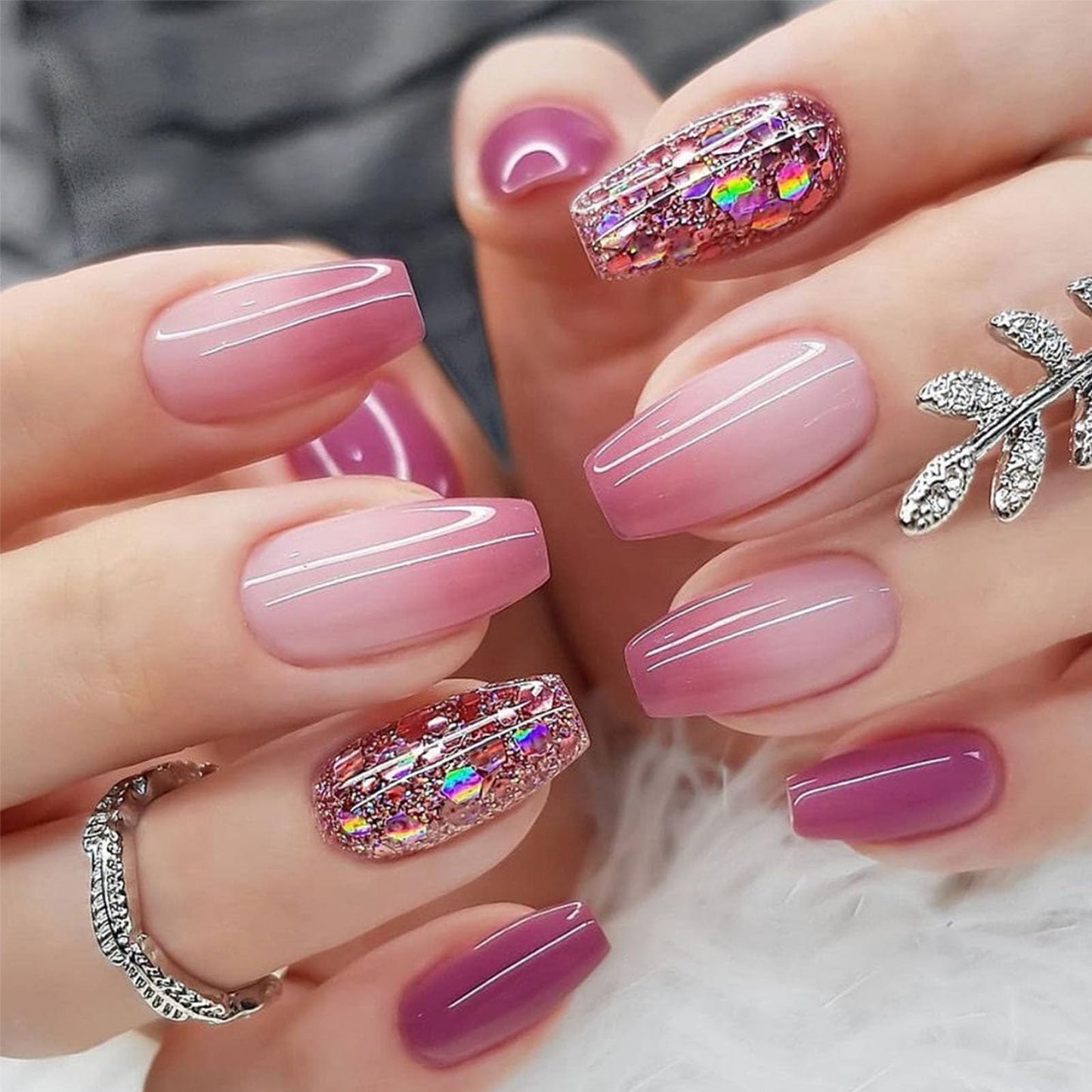 Press on Nails Short Coffin Fake Nails Gradient False Nails with Silver Glitter Designs Purple and Off White Full Cover Acrylic Nails Glossy Stick on Nails for Women & Girls 24 Pcs