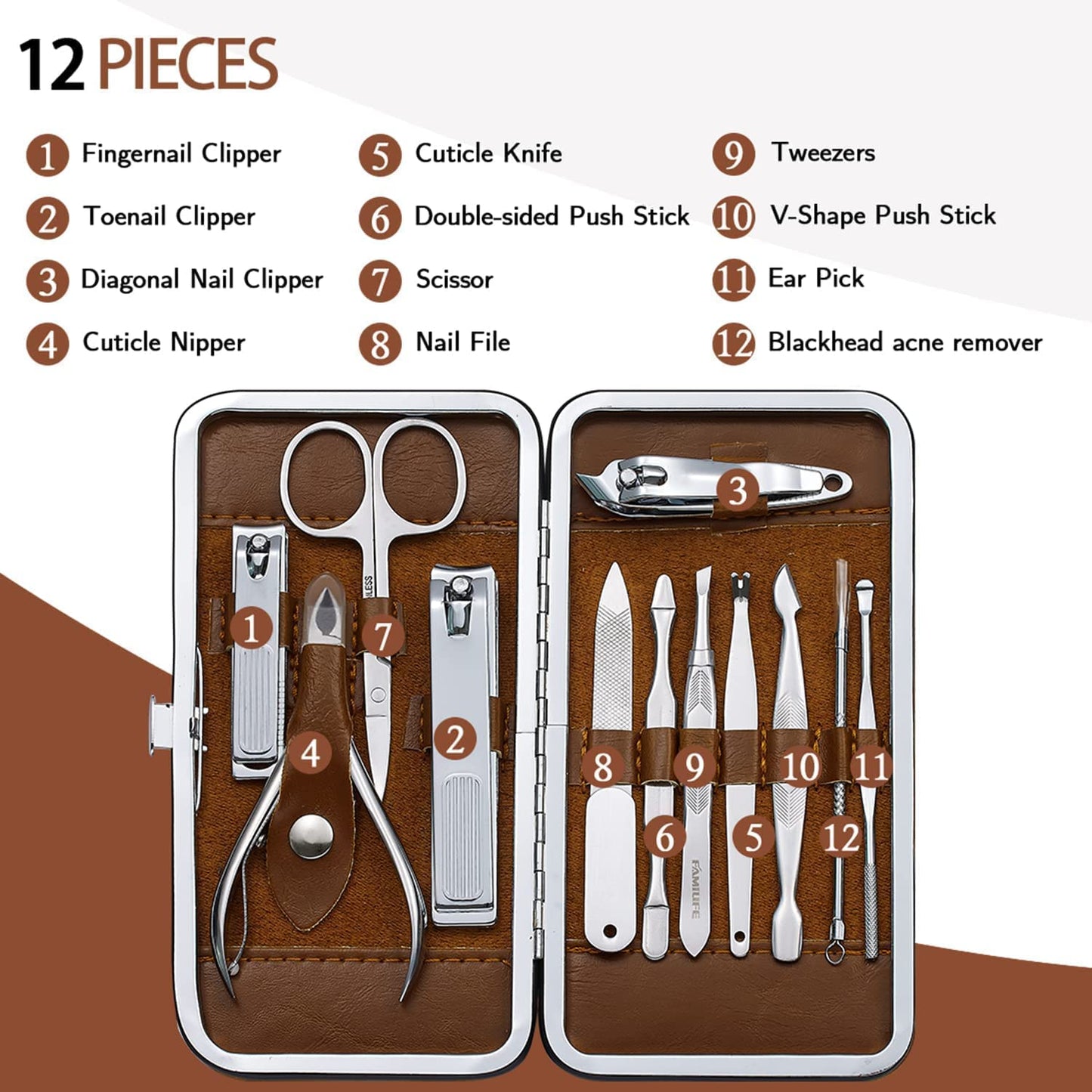 FAMILIFE F06 Manicure Set, 13pcs Pedicure Kit Rose Gold Nail Clipper Set Professional Manicure Kit and 12 Pieces Grooming Kit with Luxurious Leather Travel Case (D-Brown)