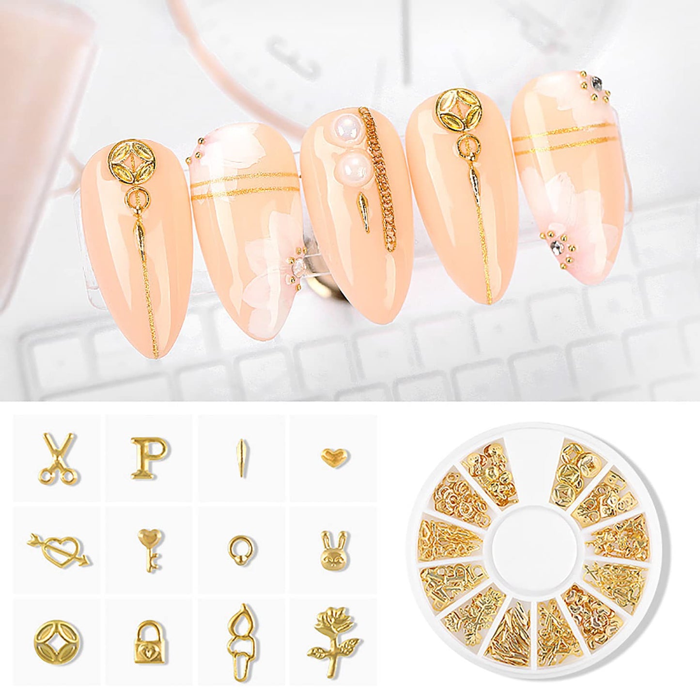 SILPECWEE 6 Boxes 3D Gold Nail Charms Hollow Metal Nail Studs Star Moon Heart Beach Nail Art Charms Nail Jewels Charms for Nails Design Nail Decoration for Acrylic Nails Accessories