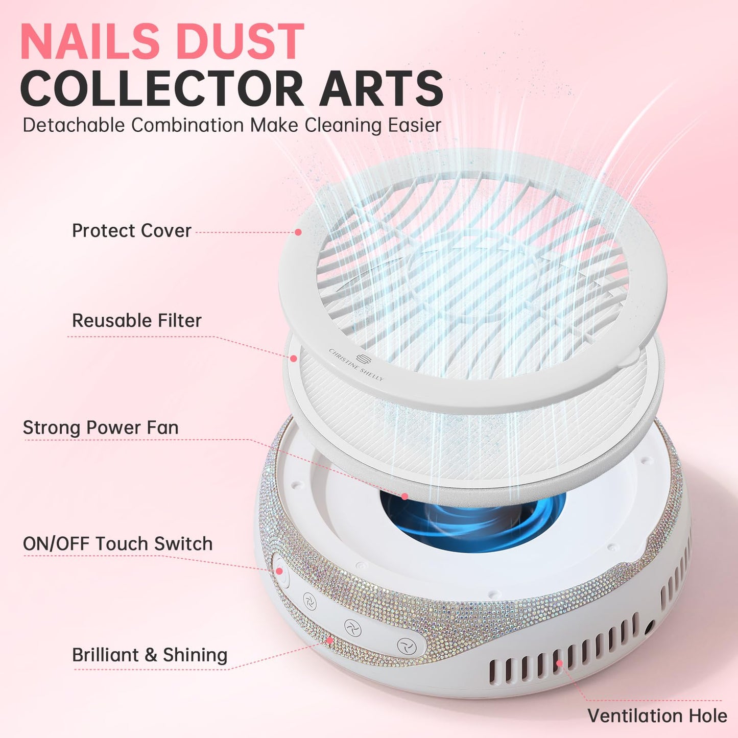 CHRISTINE SHELLY Nail Dust Collector, Cordless Dust Collector Nail Tech, Powerful Vacuum Fan Vent Dust Collector Extractor Dust Suction Machine for Acrylic Nails Polishing, Low Noise, Nail Salon&Home