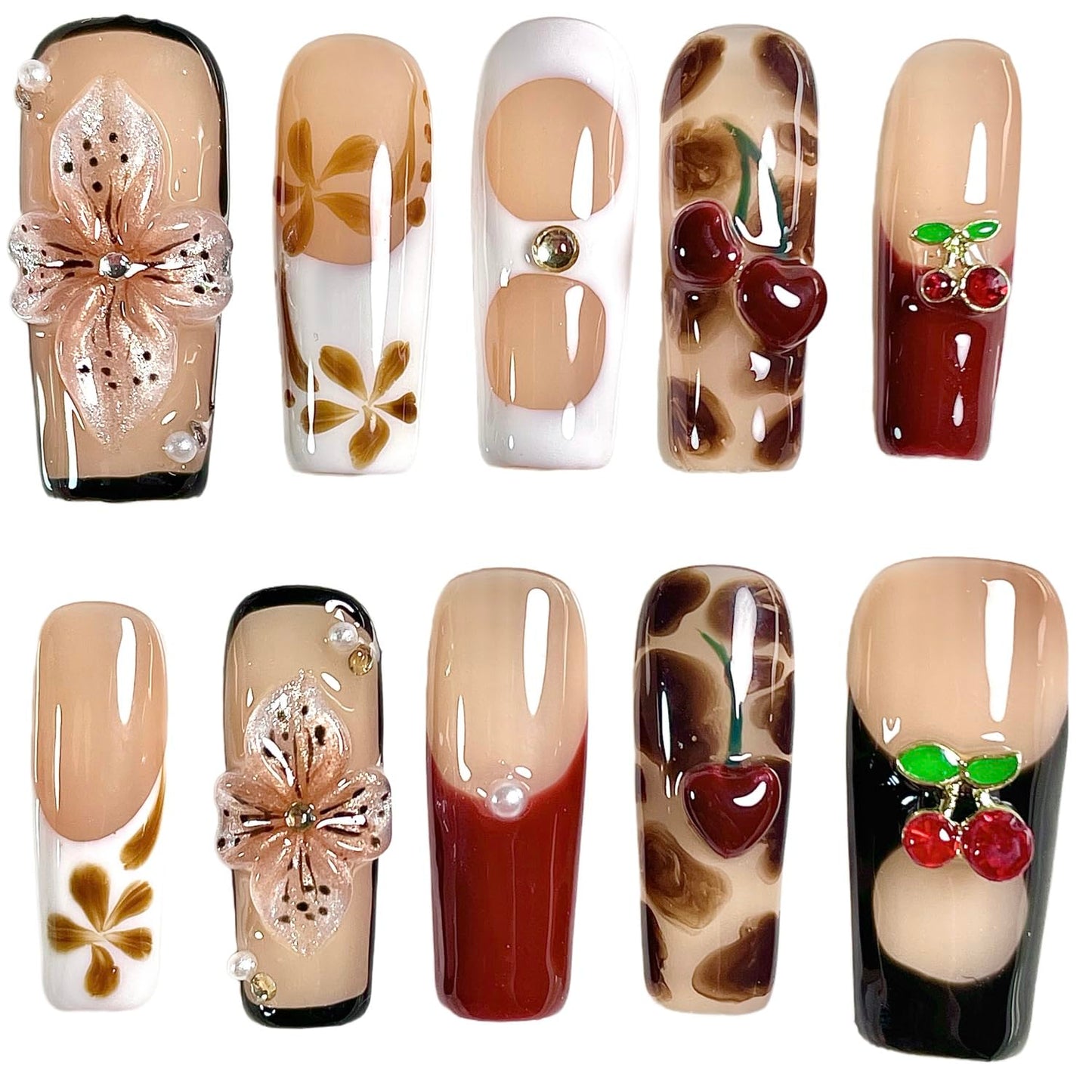 Handmade Press On Nails Square 3D Floral Cherry Blossom Leopard French Fake Nails wtih Design, Reusable Acrylic False Nails Gift Set (Cherry, S)