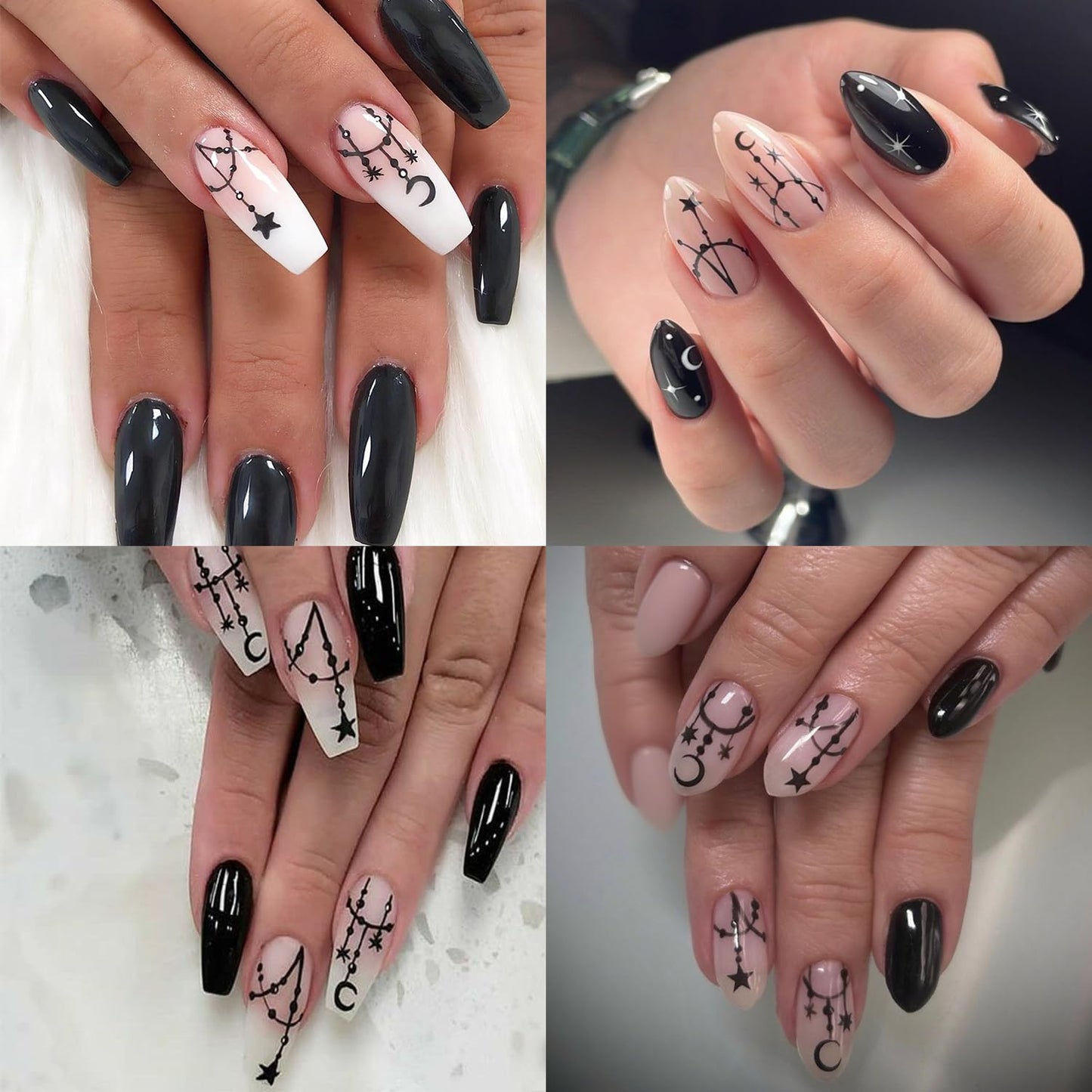 6 Sheets Star Nail Stickers 3D Self-Adhesive Silver Meteor Moon Nail Decals Black Chain Moon Star Nail Design Celestial Nail Art Stickers for Women Decoration Manicure Supplies