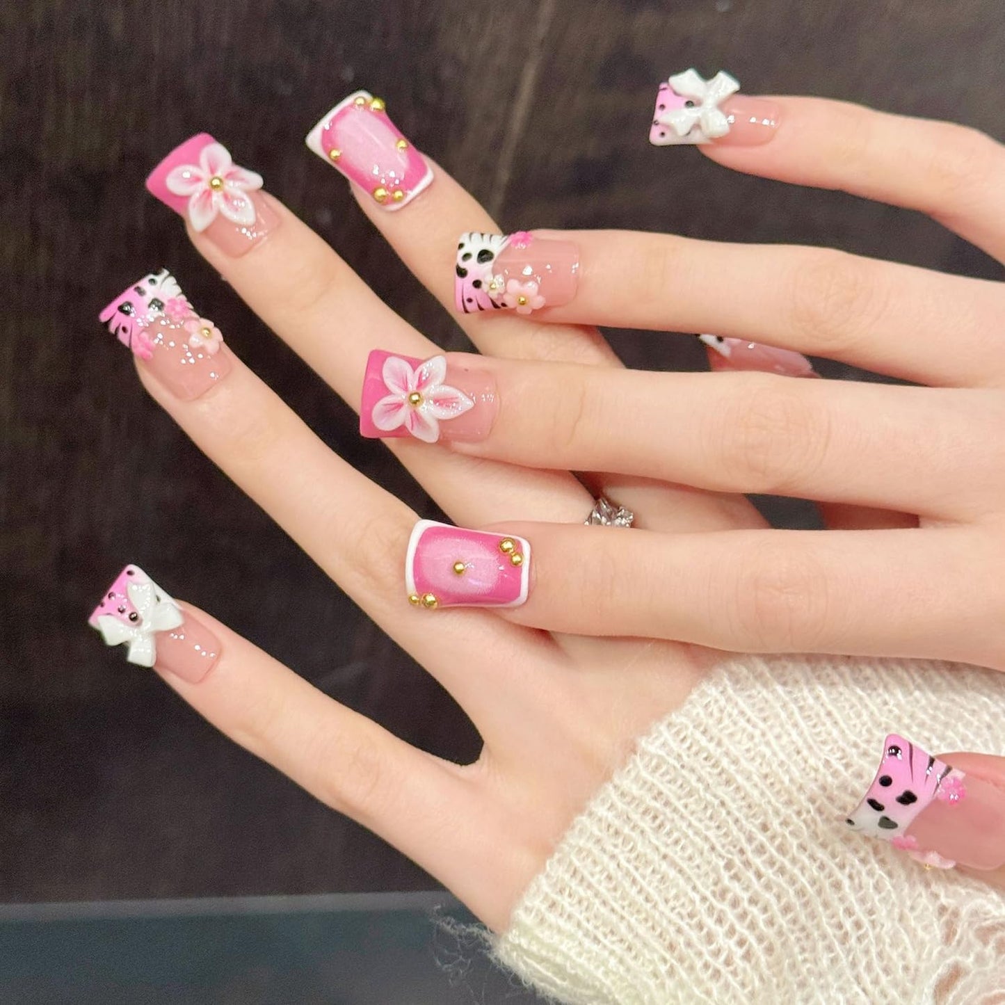 10 Pieces Luxury Acrylic Press On Nails Medium Handmade Duck Nails, Colorful Thickened French False Nails Leopard Print Flowers Design Reusable Acrylic Nails for Women (S)