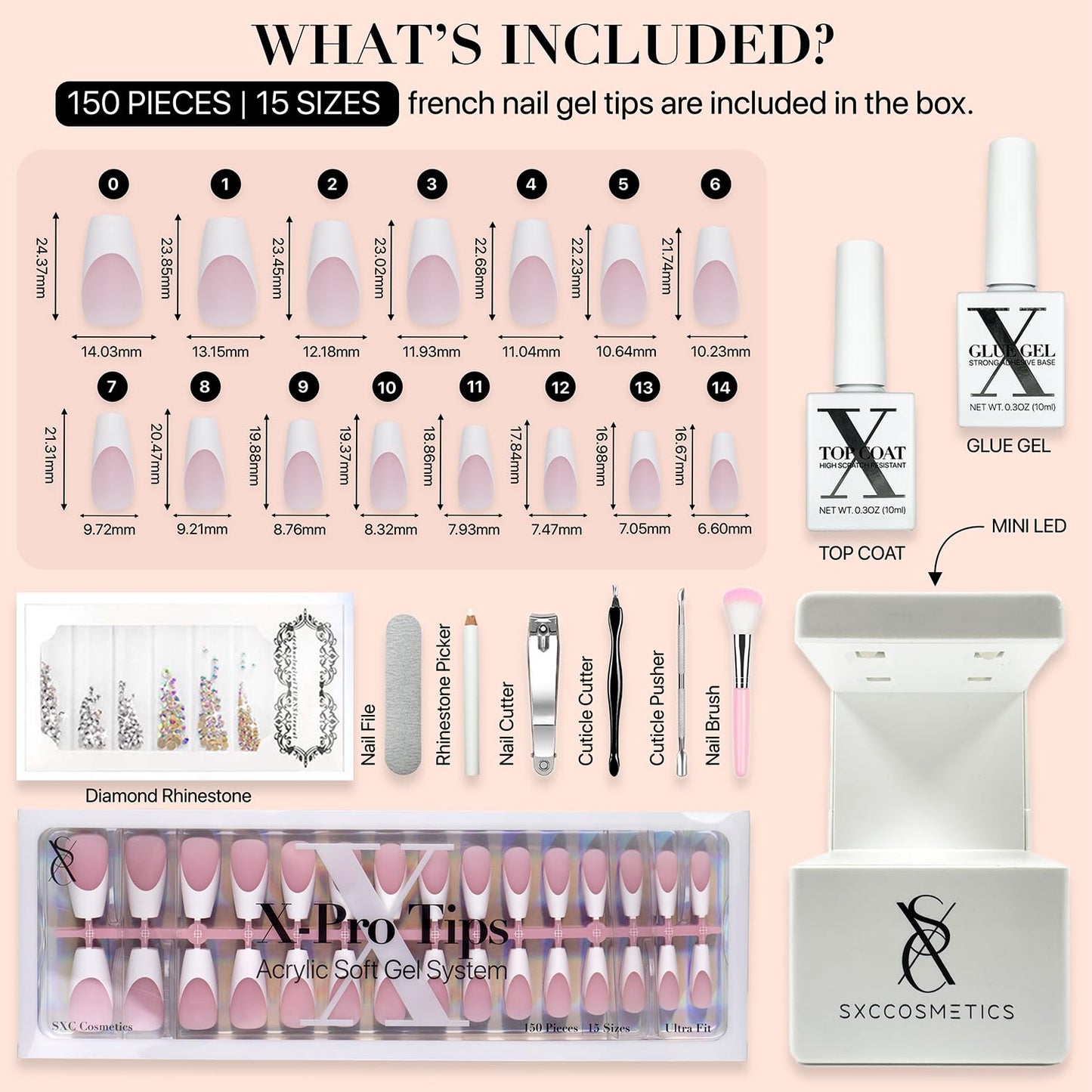 SXC Cosmetics French Tip Press On Nails – Pink Series, Medium Coffin Fake Nails X-Pro Tips Starter Kit | 150PCS, 15 Sizes, 5 Styles