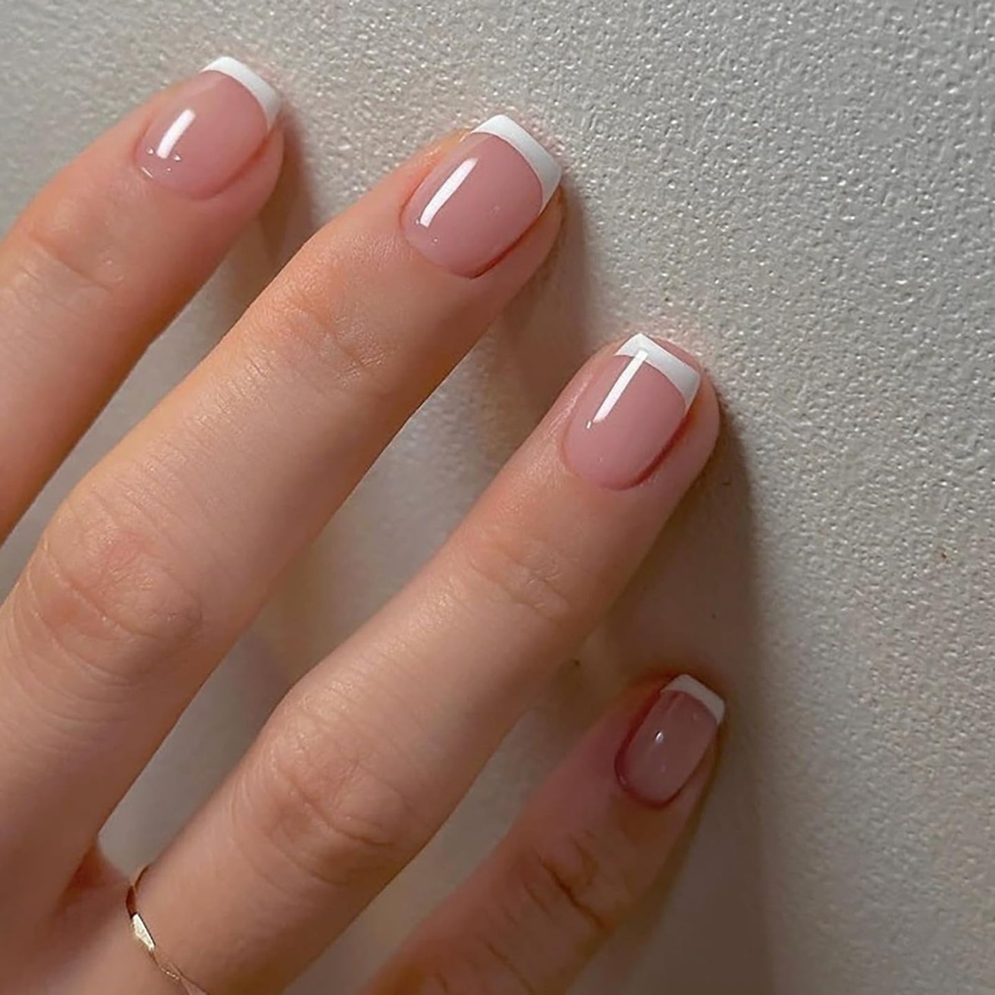 Short Square Press on Nails White French Tip Fake Nails Nude Pink Nails Press ons Acrylic Nails False Glossy Artificial Full Cover Stick on Nails for Women Girls 24 Pcs